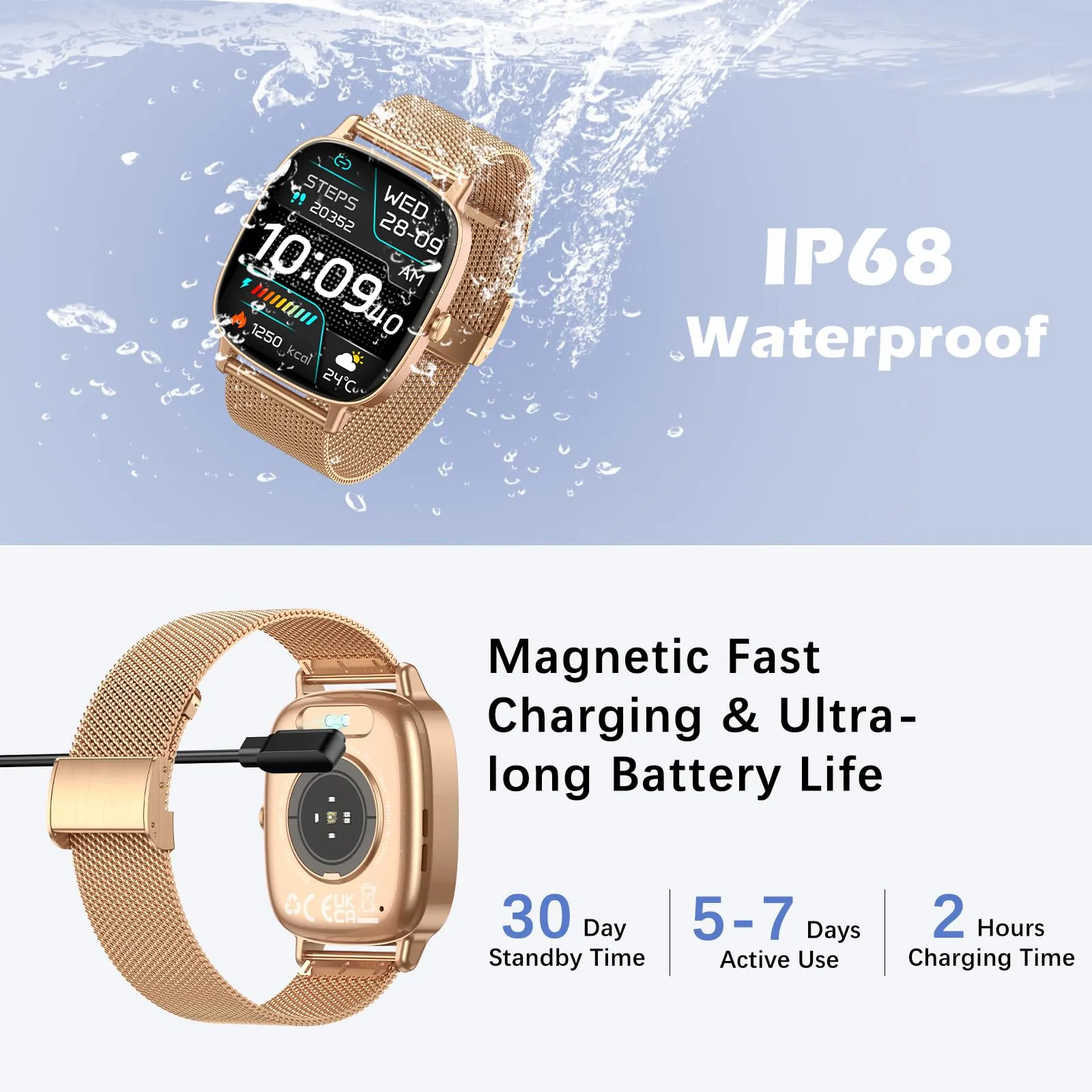coioc P122 Smartwatch Donna, Schermo HD 1.85'', Chiamate Bluetooth, Fitness Tracker Frequenza Cardiaca, Sonno, SpO2, 120+ Modalità Sportive, IP68, 2 Cinturini, Dorato - immagine 7