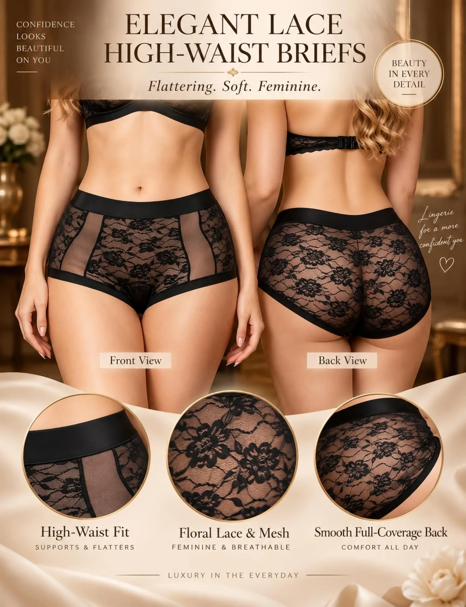 ohmydear Boxer da donna a vita alta in pizzo, Nero, M - immagine 3