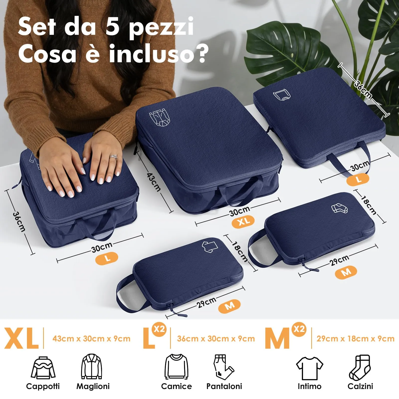 Samfolk Packing Cubes Compression Set, Nylon Organizer Valigie, 5 Set, Blu Navy - immagine 6
