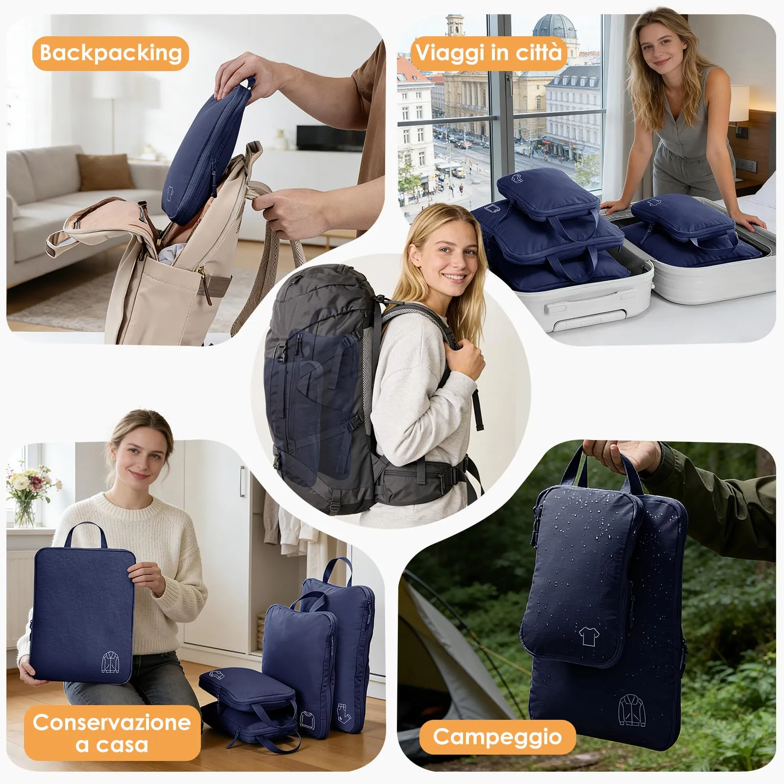 Samfolk Packing Cubes Compression Set, Nylon Organizer Valigie, 5 Set, Blu Navy - immagine 7
