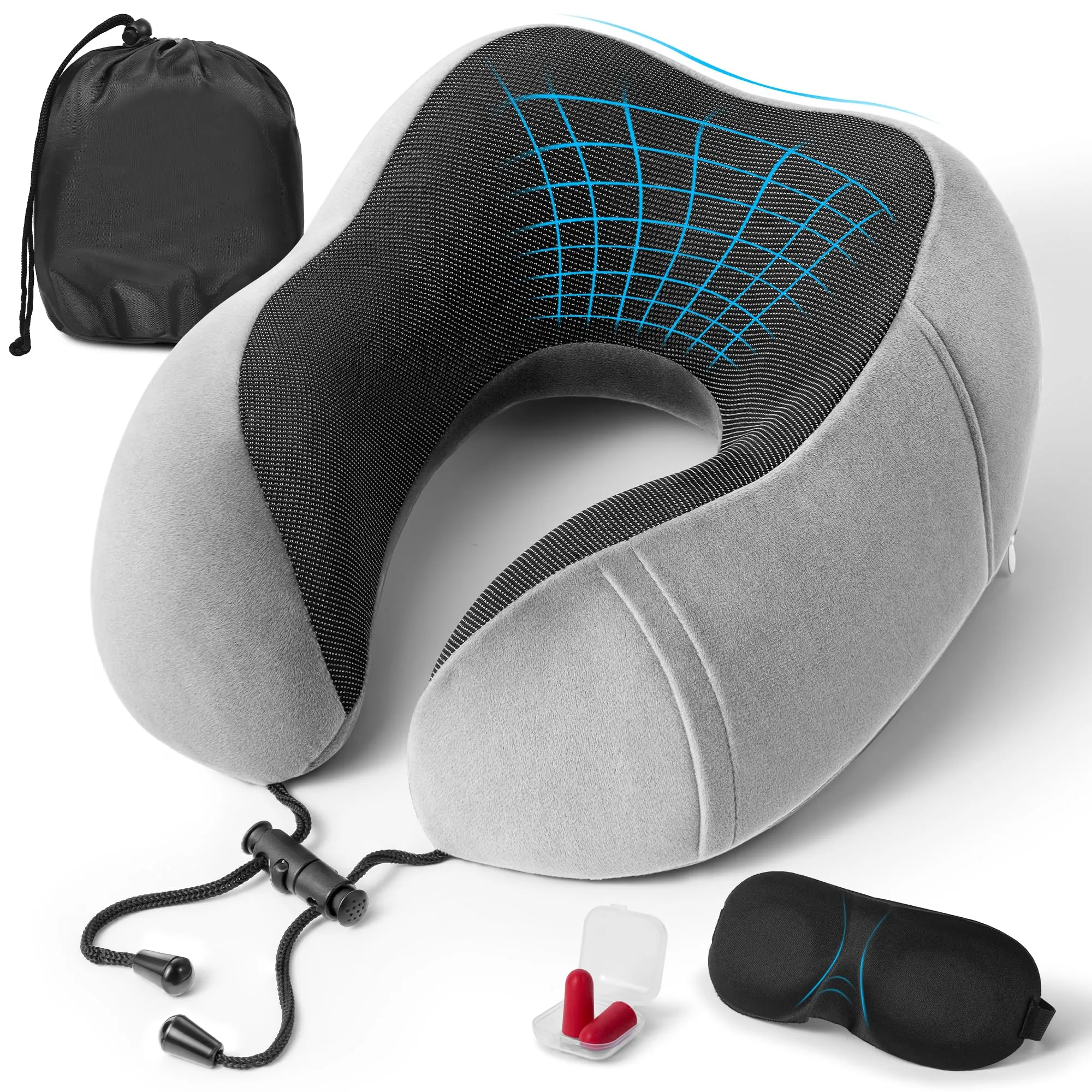BAVATEE Cuscino da Viaggio per Collo in Memory Foam con Borsa per Trasporto, Mascherina per Dormire e Tappi Auricolari - immagine 1