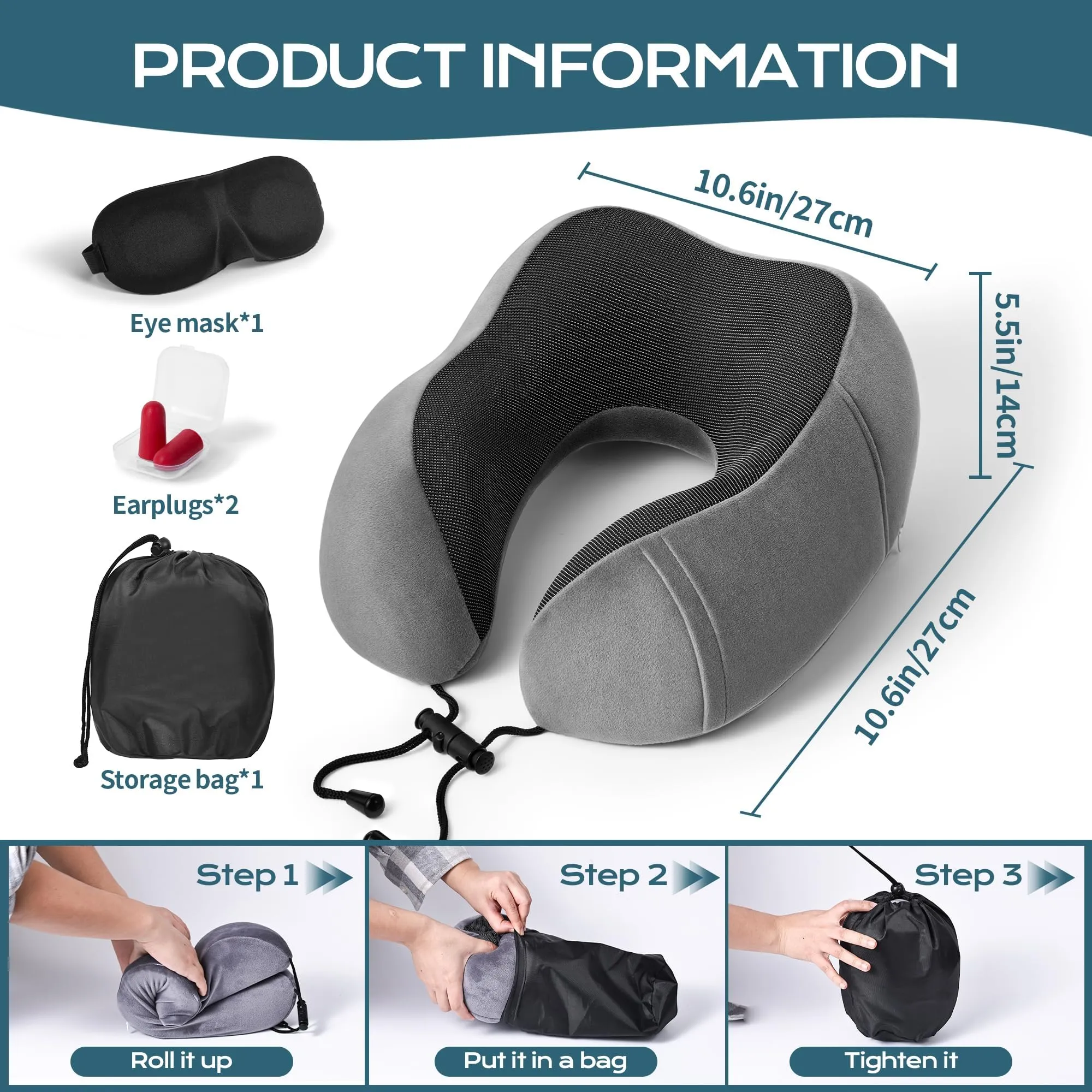 BAVATEE Cuscino da Viaggio per Collo in Memory Foam con Borsa per Trasporto, Mascherina per Dormire e Tappi Auricolari - immagine 2