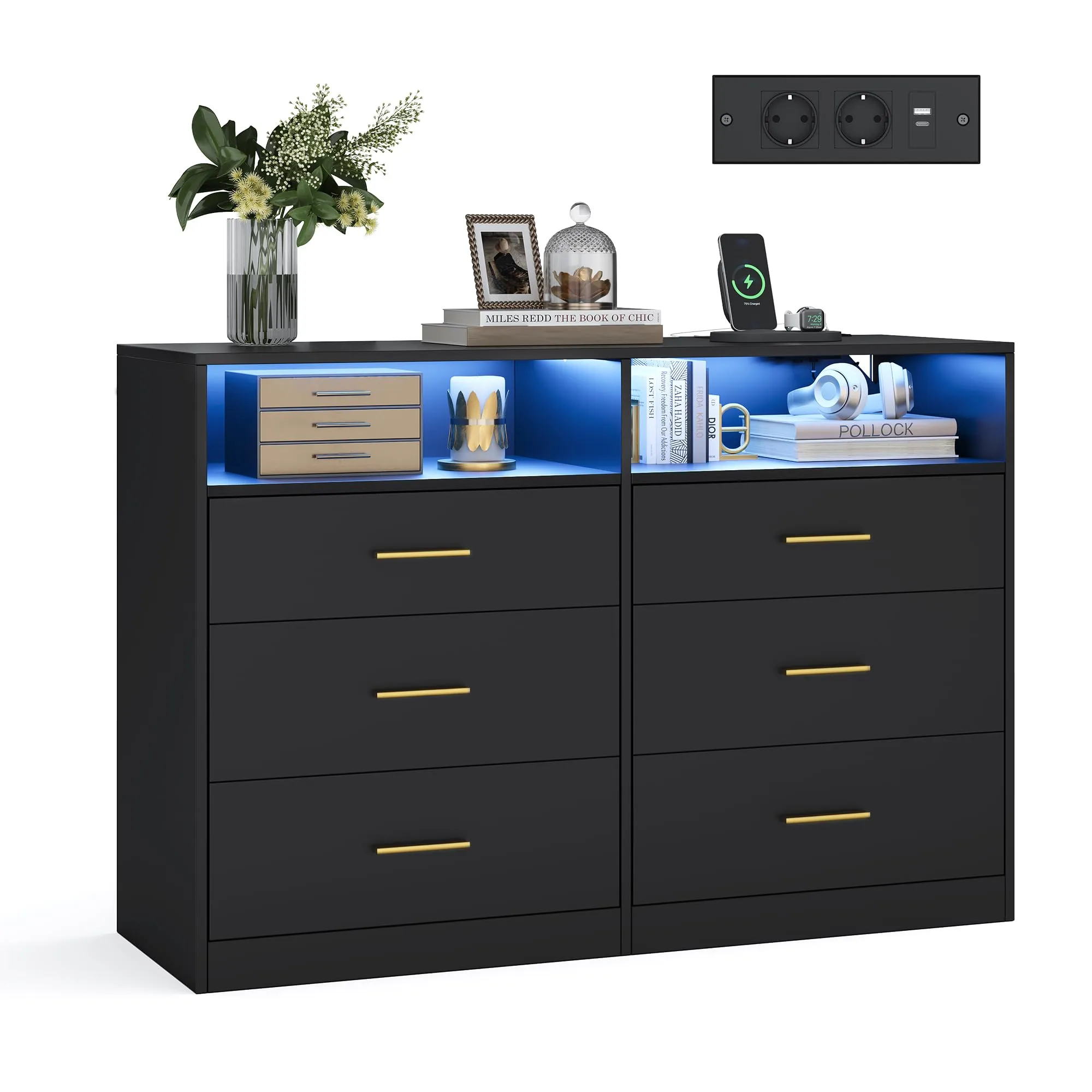 VASAGLE Cassettiera Camera da Letto con LED e Presa Multipla, 6 Cassetti, Nero Inchiostro - immagine 1