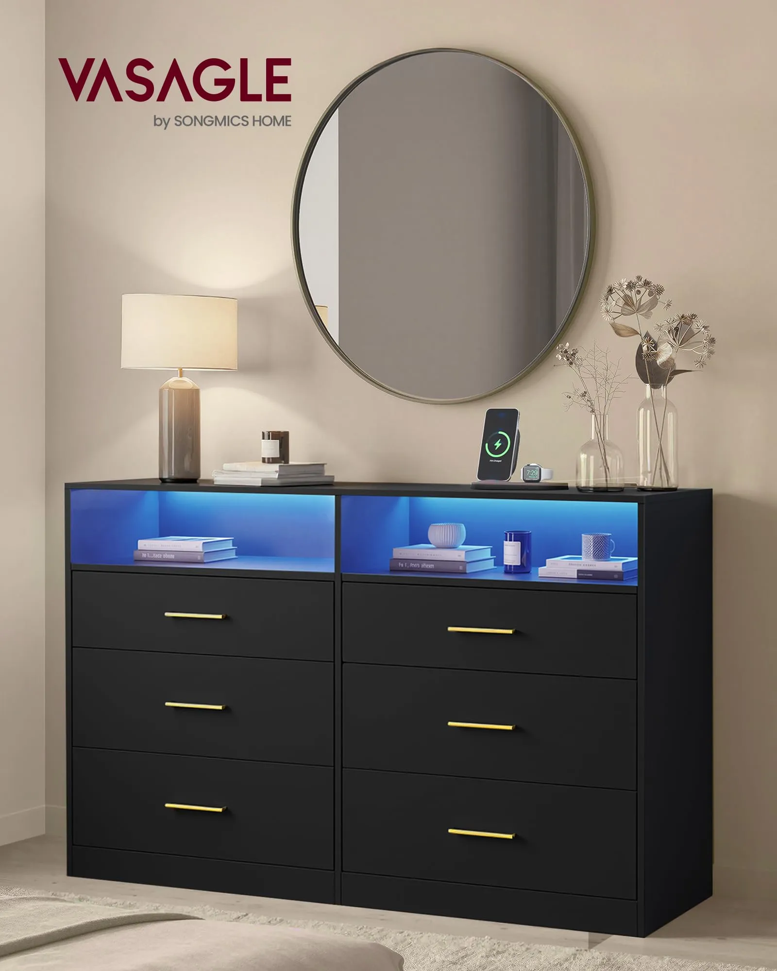 VASAGLE Cassettiera Camera da Letto con LED e Presa Multipla, 6 Cassetti, Nero Inchiostro - immagine 2