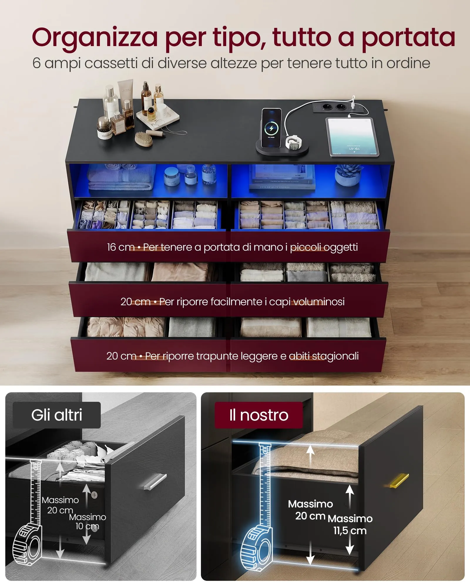 VASAGLE Cassettiera Camera da Letto con LED e Presa Multipla, 6 Cassetti, Nero Inchiostro - immagine 3