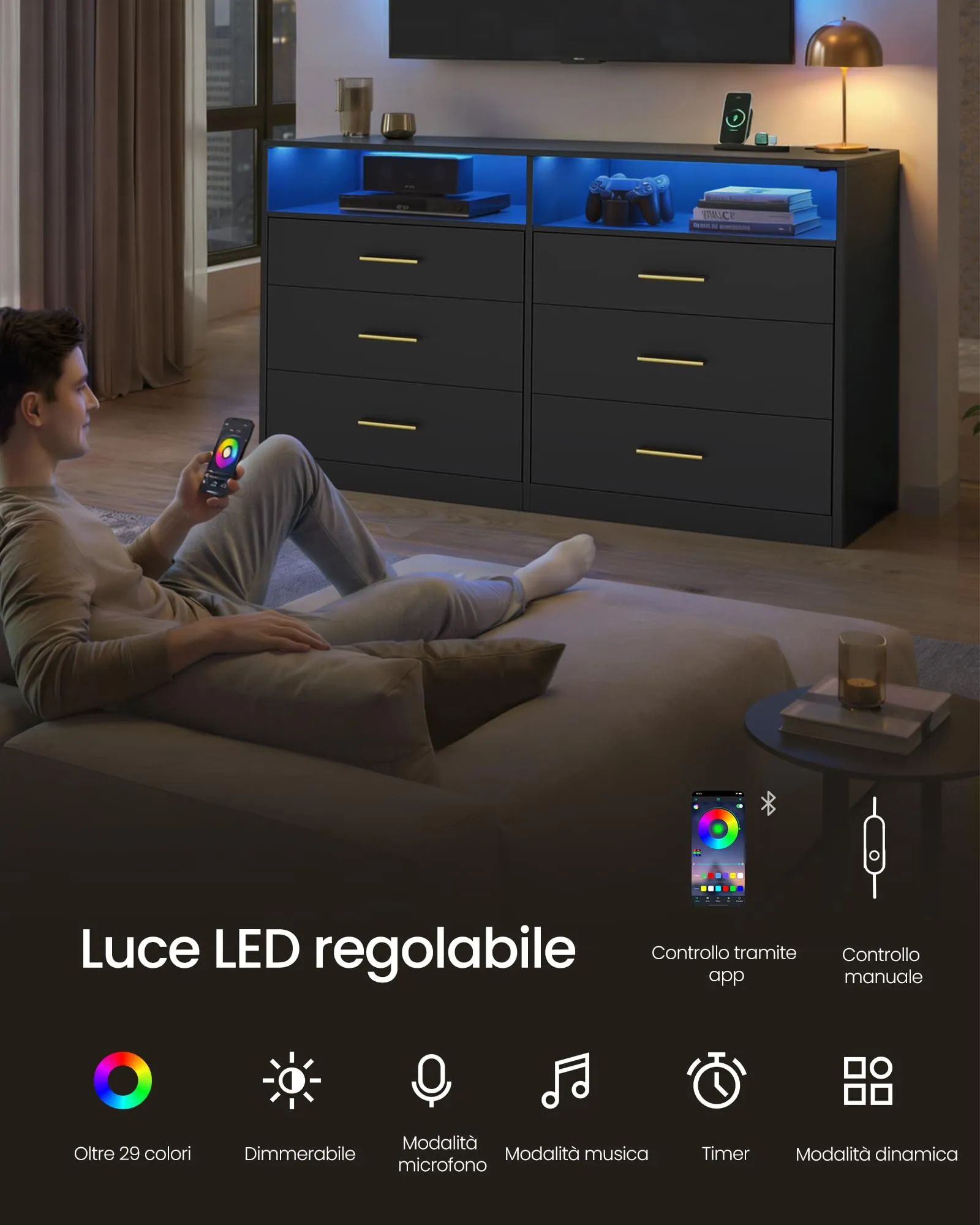 VASAGLE Cassettiera Camera da Letto con LED e Presa Multipla, 6 Cassetti, Nero Inchiostro - immagine 4