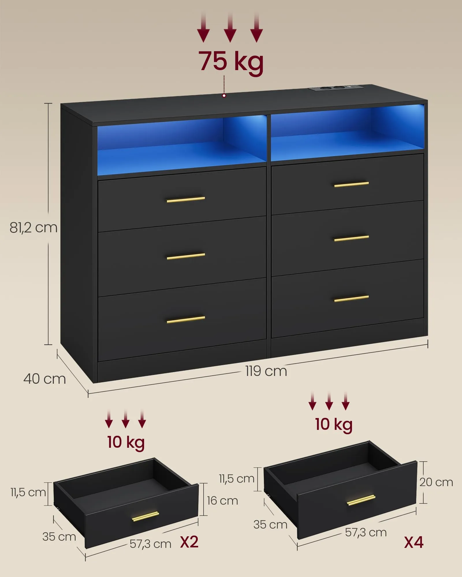 VASAGLE Cassettiera Camera da Letto con LED e Presa Multipla, 6 Cassetti, Nero Inchiostro - immagine 5