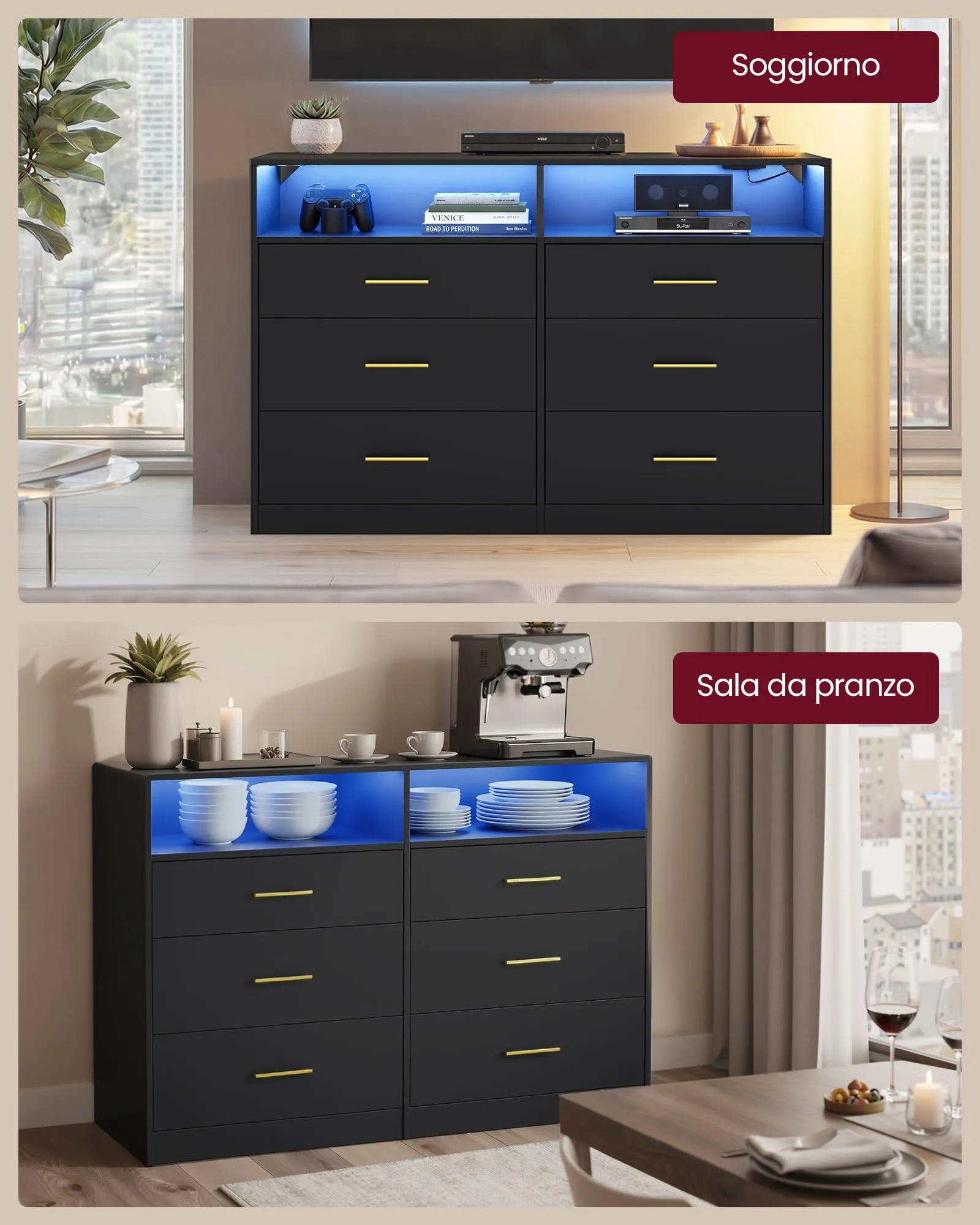 VASAGLE Cassettiera Camera da Letto con LED e Presa Multipla, 6 Cassetti, Nero Inchiostro - immagine 6