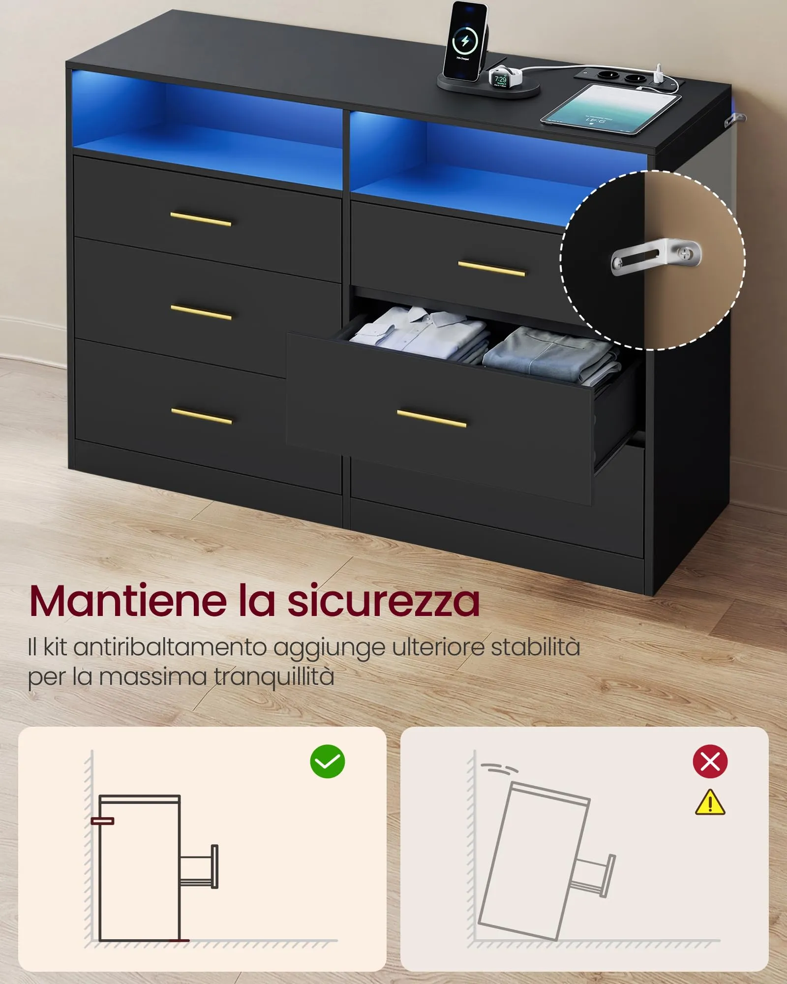 VASAGLE Cassettiera Camera da Letto con LED e Presa Multipla, 6 Cassetti, Nero Inchiostro - immagine 7