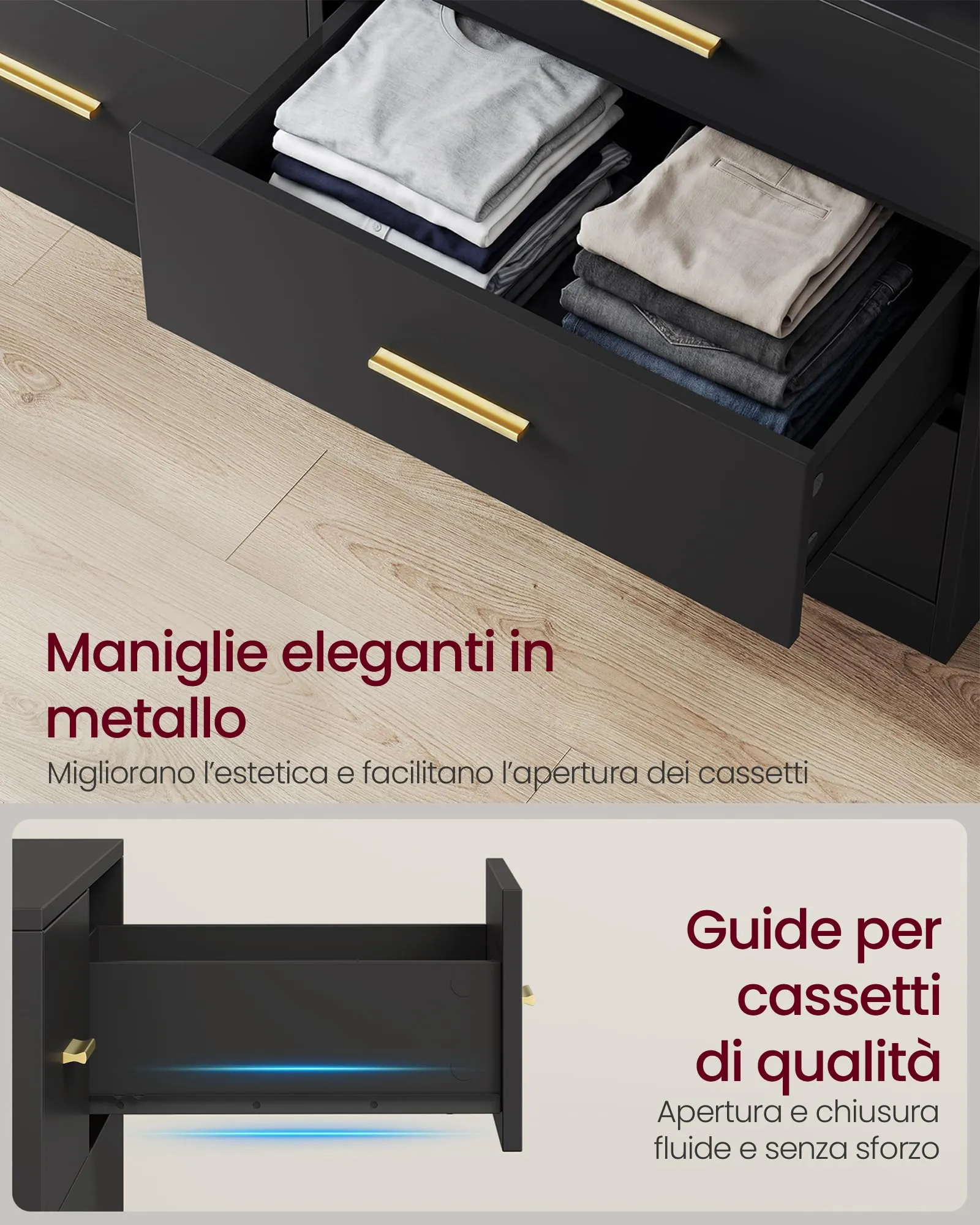 VASAGLE Cassettiera Camera da Letto con LED e Presa Multipla, 6 Cassetti, Nero Inchiostro - immagine 8