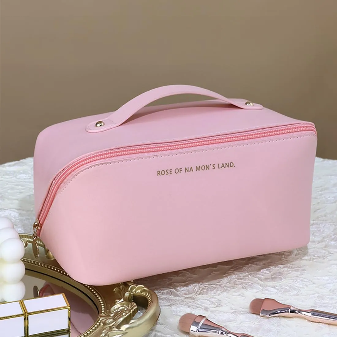 SJBAUTYO Borsa Cosmetica da Viaggio in Pelle PU Impermeabile, Rosa - immagine 2
