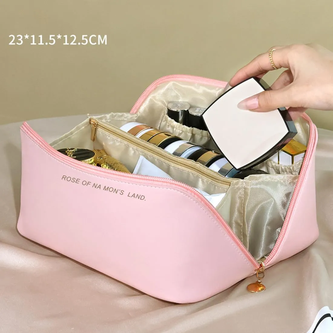 SJBAUTYO Borsa Cosmetica da Viaggio in Pelle PU Impermeabile, Rosa - immagine 3