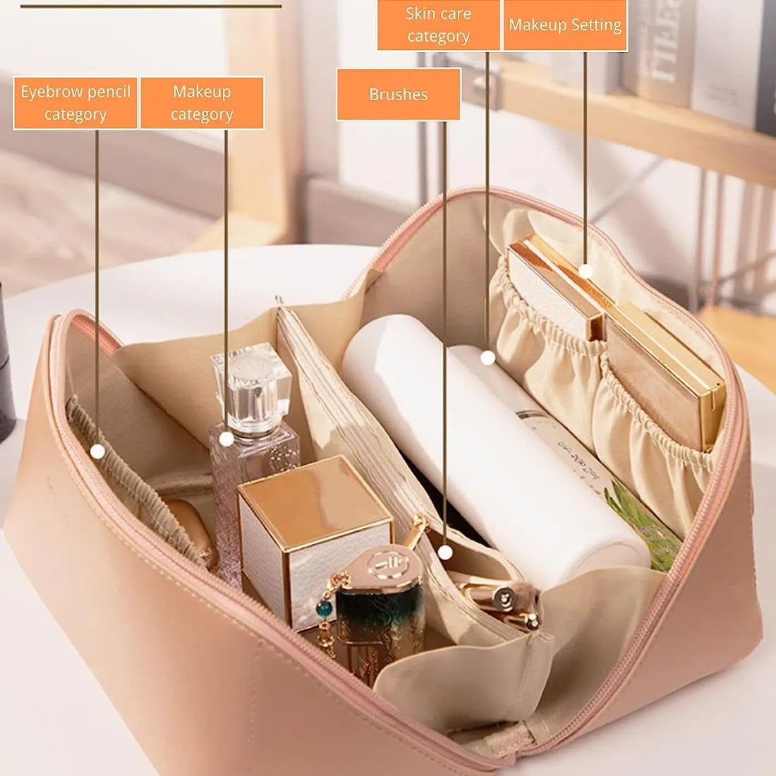 SJBAUTYO Borsa Cosmetica da Viaggio in Pelle PU Impermeabile, Rosa - immagine 5