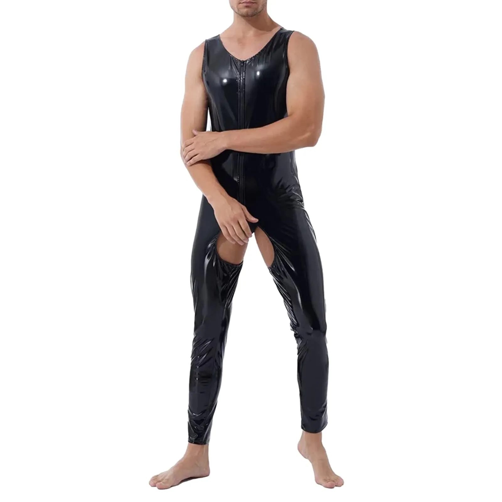 Bauzuoyo Tuta in Lattice Uomo Slim Fit Effetto Wetlook Nero - immagine 5