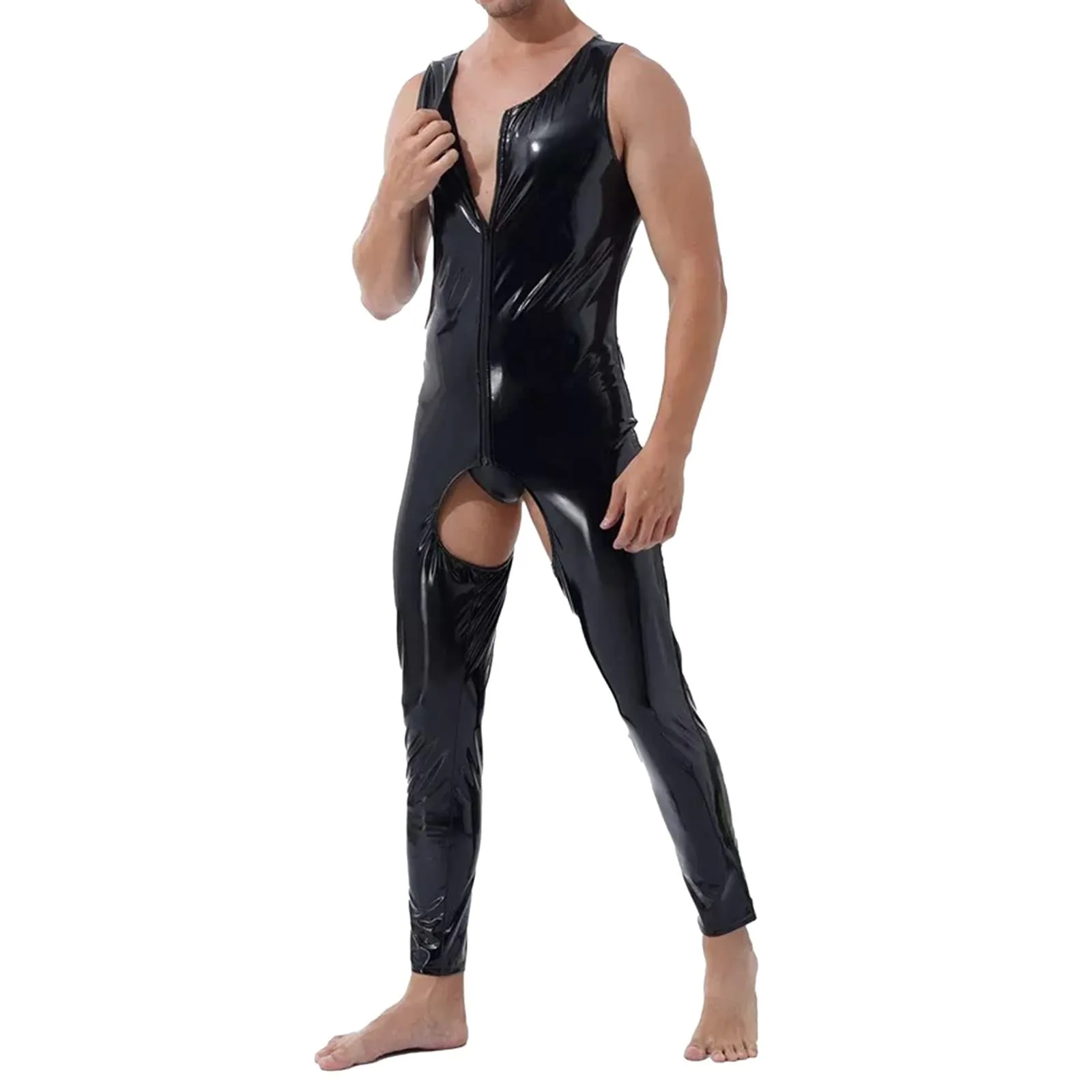 Bauzuoyo Tuta uomo slim fit in lattice lucido effetto laccato, Nero - immagine 2