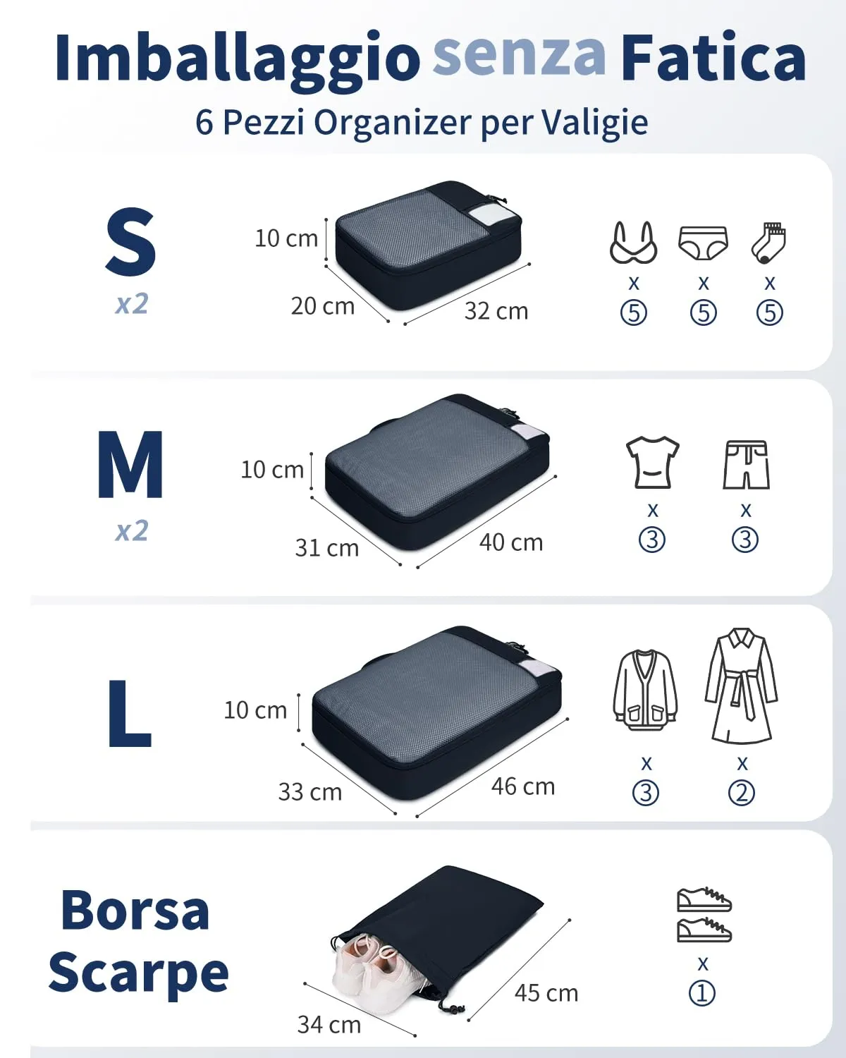 ECOHUB Organizer Valigie, Set di 6 Packing Cubes Salvaspazio con Etichette - immagine 2