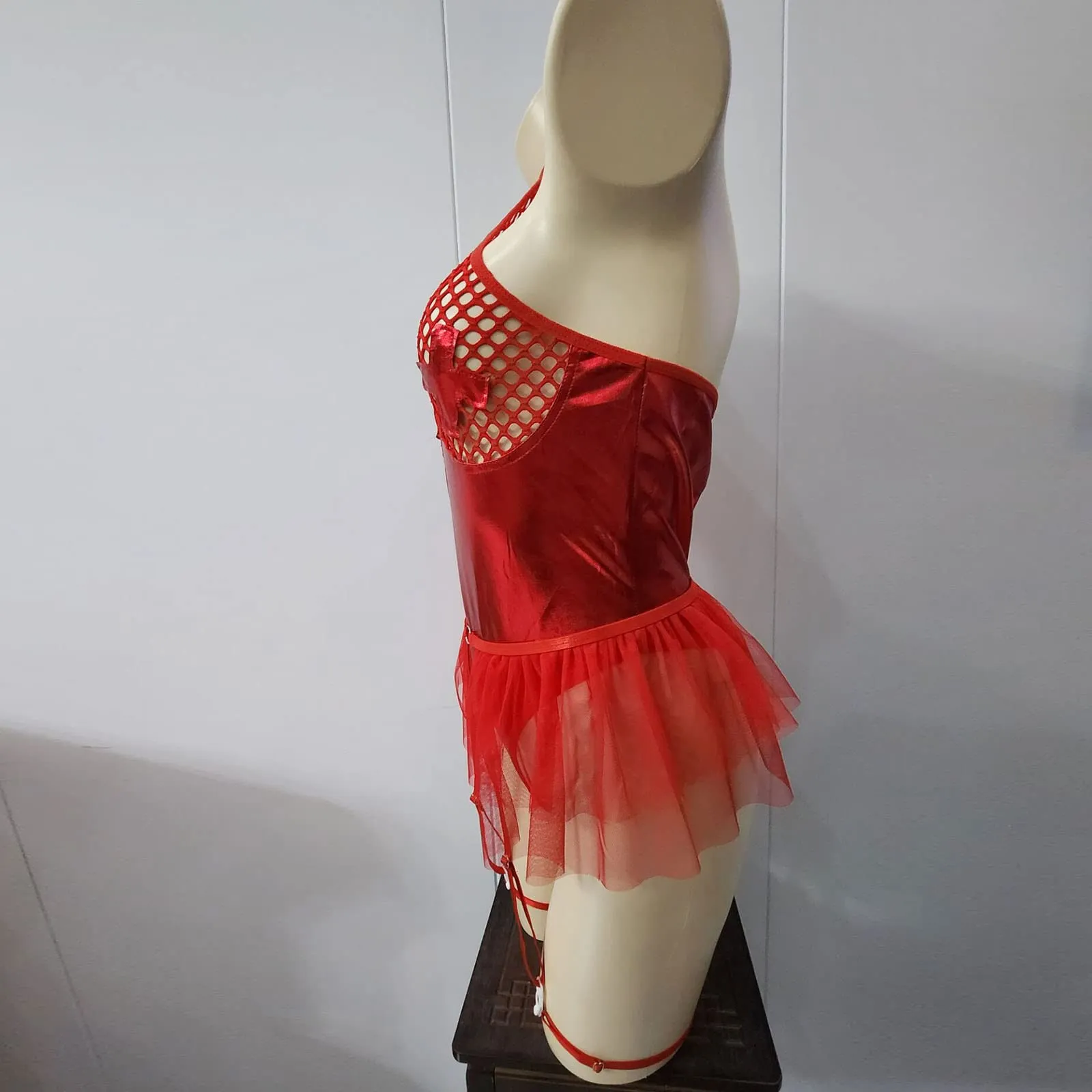 Generico Vestito Mini in Pelle Verniciata Wetlook Bodycon con Scollo a V Profondo - immagine 4