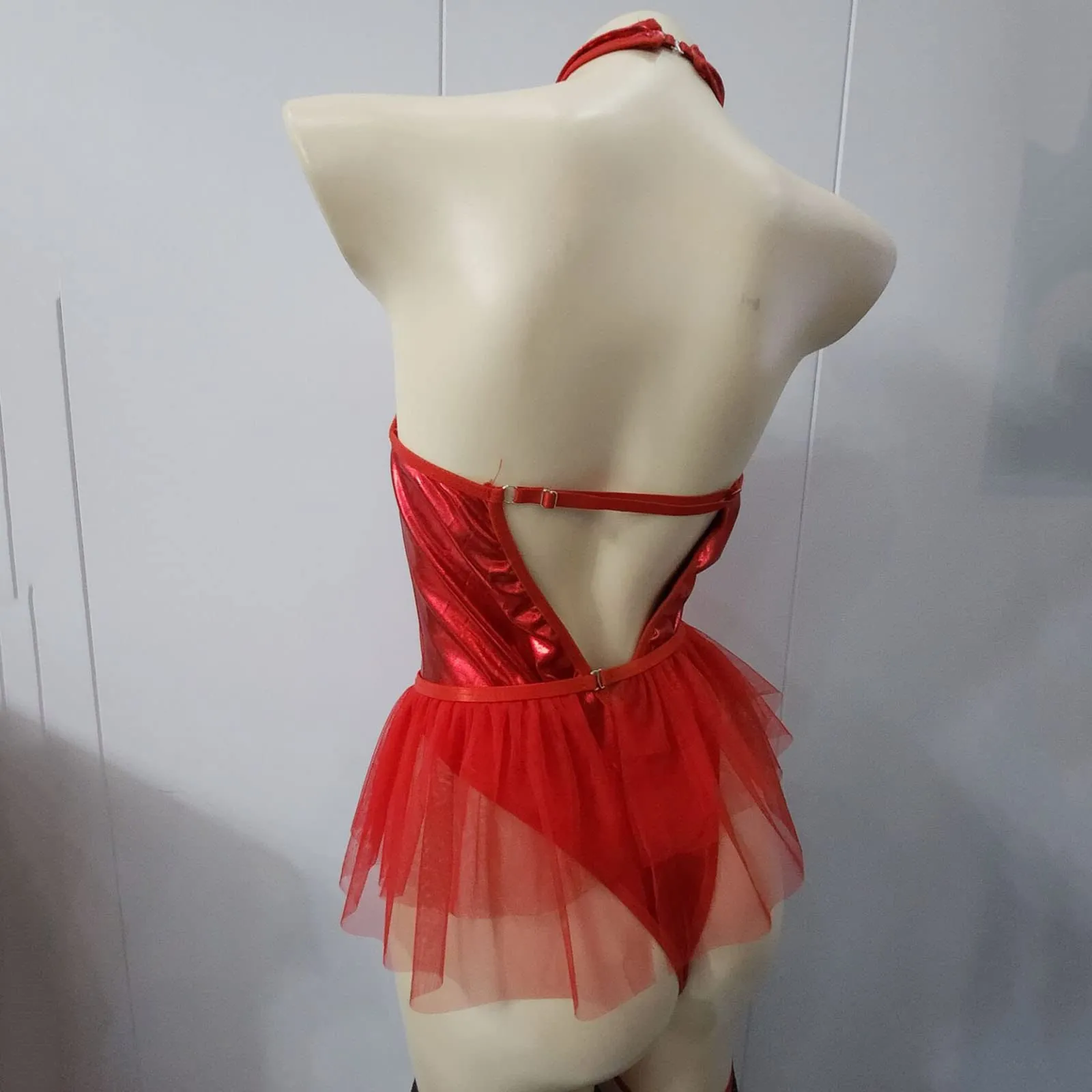 Generico Vestito Sexy Donna Latex Mini in Pelle Wetlook, Bodycon Dress Aderente Metallizzato con Scollo a V Profondo - immagine 5
