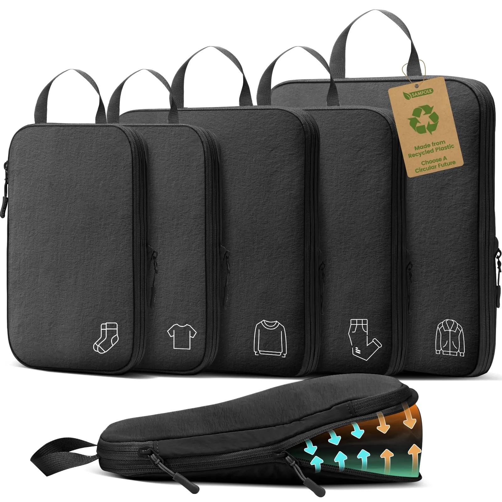 Samfolk Set Organizer per Valigie a Compressione in Nylon, 5 Pezzi, Nero - immagine 1