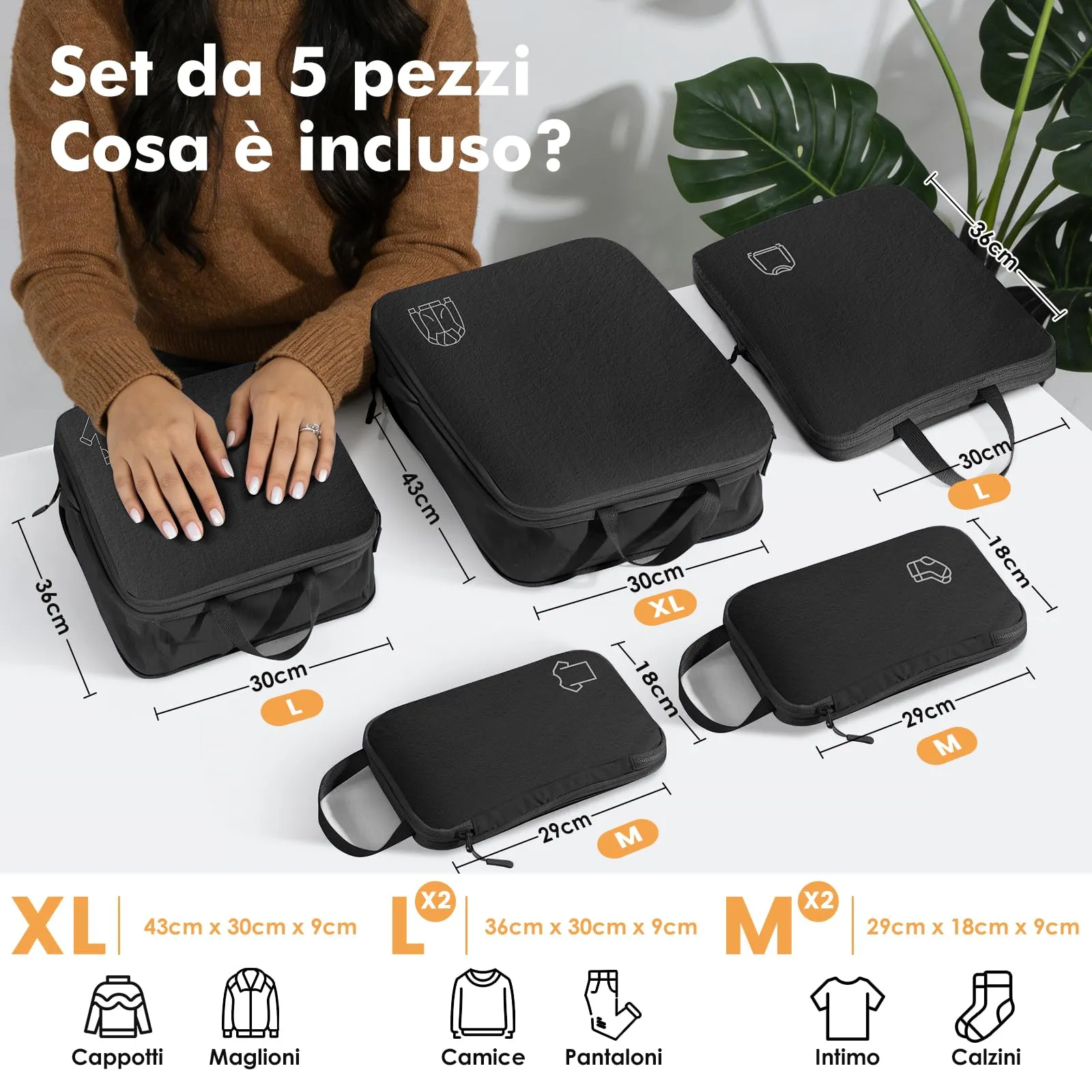 Samfolk Set Organizer per Valigie a Compressione in Nylon, 5 Pezzi, Nero - immagine 5