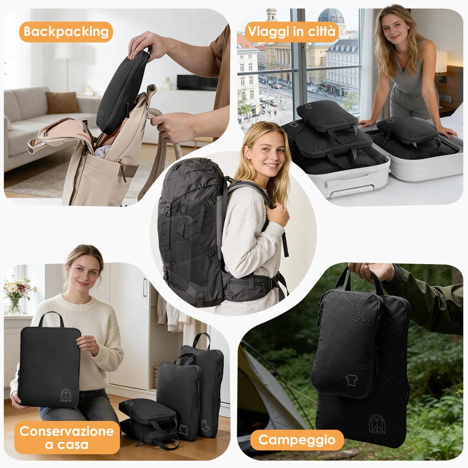 Samfolk Set Organizer per Valigie a Compressione in Nylon, 5 Pezzi, Nero - immagine 7
