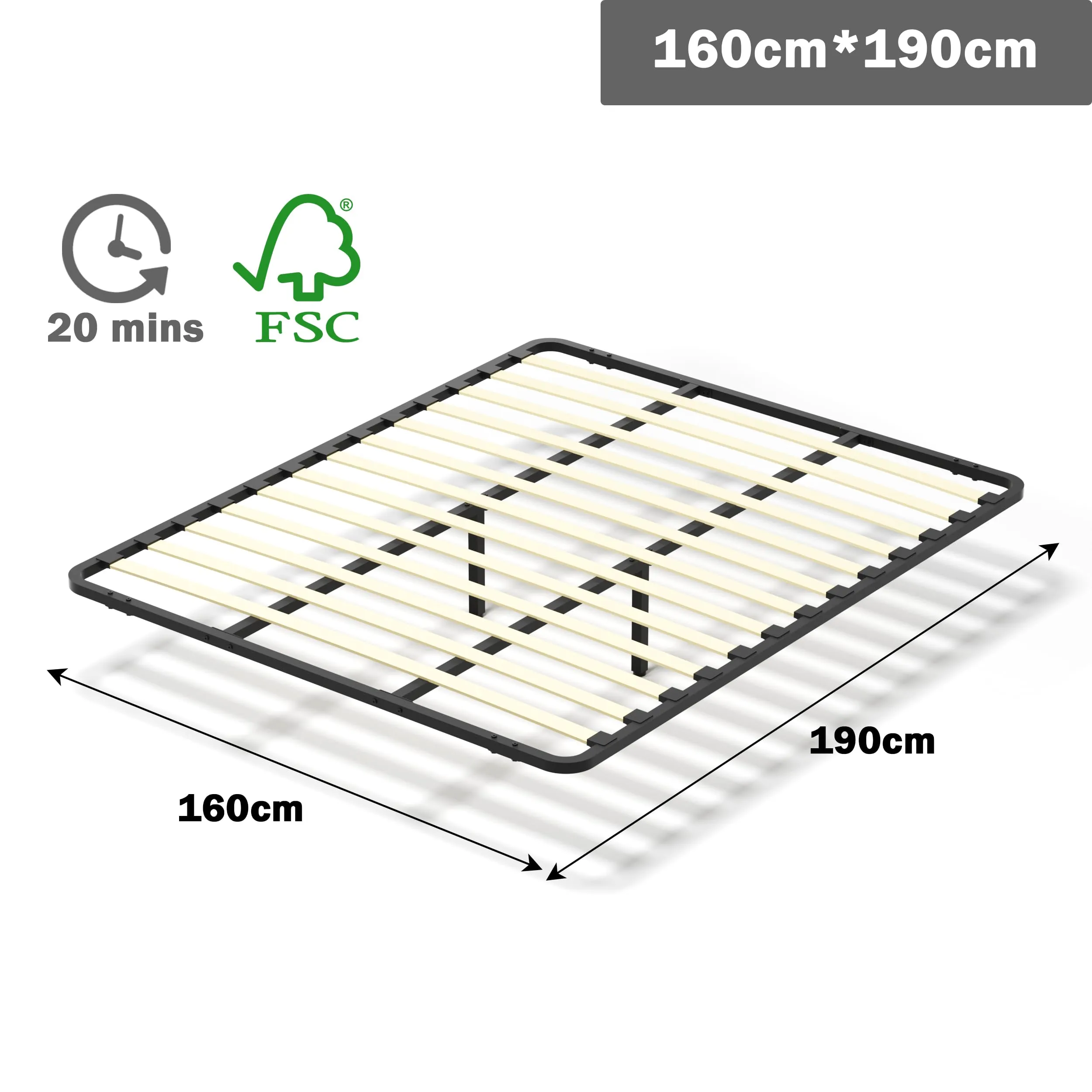 Dewinner Rete Letto Matrimoniale 160x190cm Senza Piedi con Barre in Ferro e Piede di Rinforzo Centrale - immagine 2