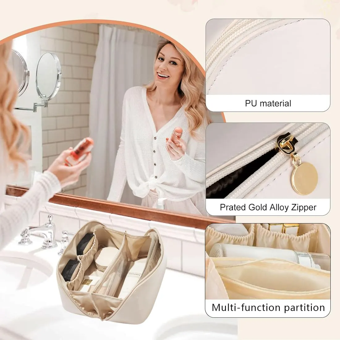 SJBAUTYO Borsa Cosmetica da Viaggio in Pelle PU, Grande Capacità, Organizer Porta Toilette Trucchi - immagine 3