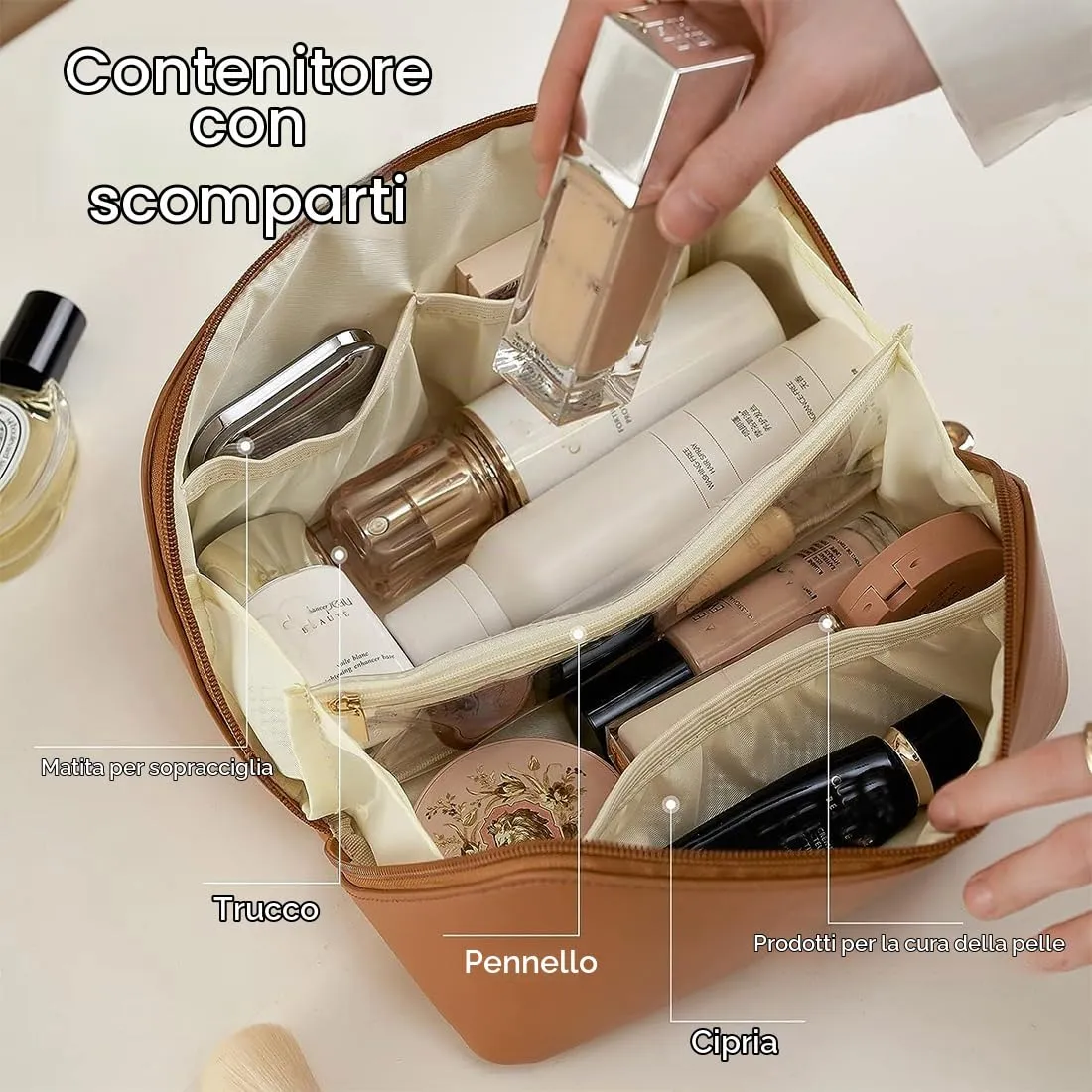 SJBAUTYO Borsa Cosmetica da Viaggio in Pelle PU, Marrone - immagine 2