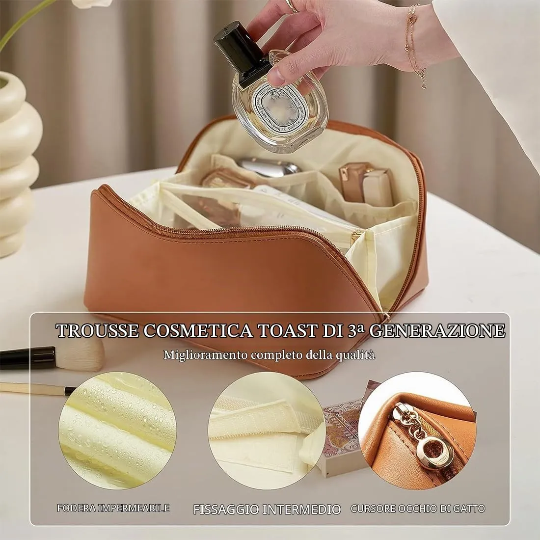 SJBAUTYO Borsa Cosmetica da Viaggio in Pelle PU, Marrone - immagine 3