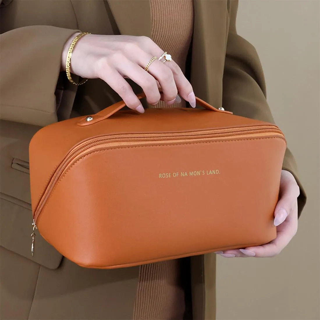 SJBAUTYO Borsa Cosmetica da Viaggio in Pelle PU, Marrone - immagine 4