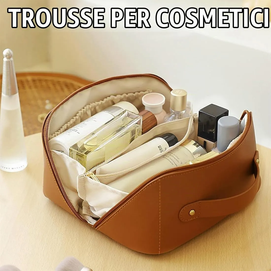 SJBAUTYO Borsa Cosmetica da Viaggio in Pelle PU, Marrone - immagine 5