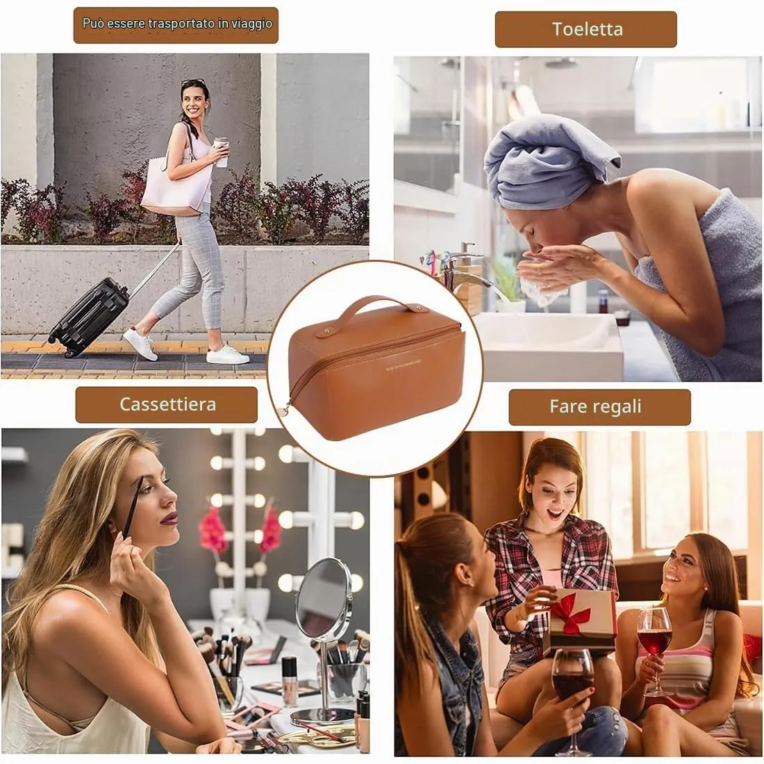 SJBAUTYO Borsa Cosmetica da Viaggio in Pelle PU, Marrone - immagine 6