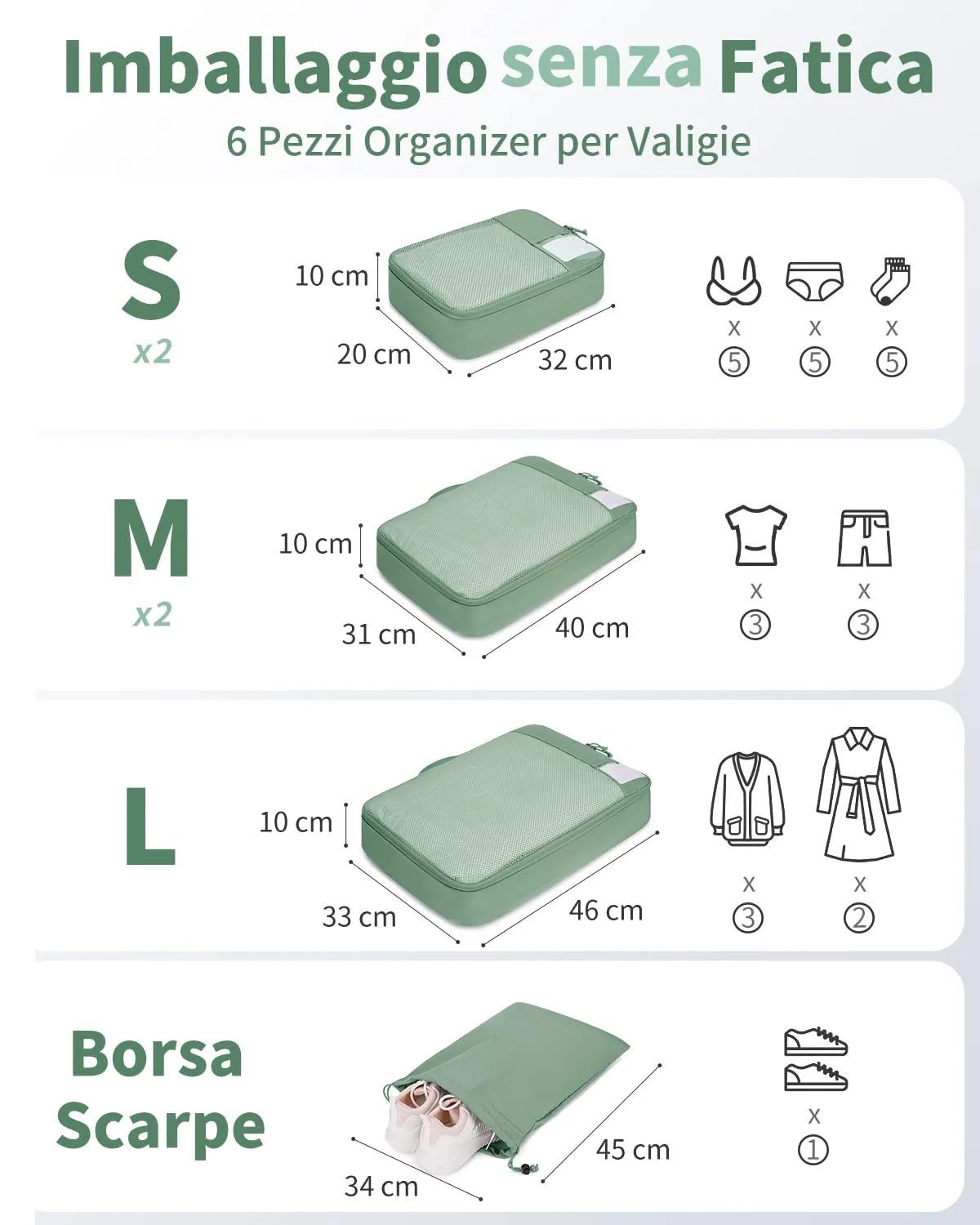 ECOHUB Organizer Valigie, 6 Pezzi Packing Cubes Salvaspazio con Etichette - immagine 2