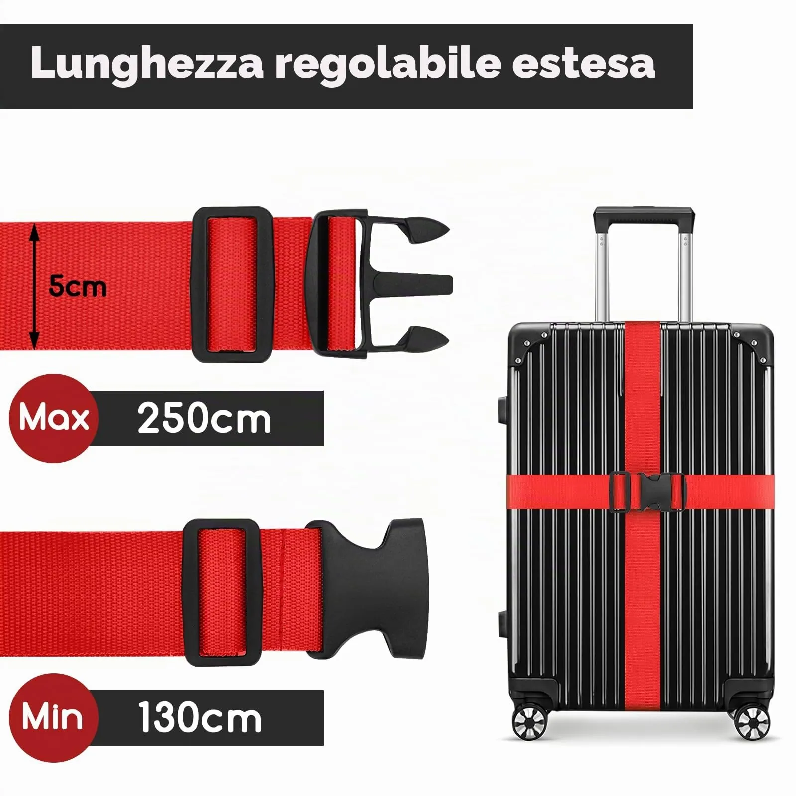 WISYOK Cinghia per Valigia, 2 Pezzi, 130-250 cm, Rosso - immagine 2