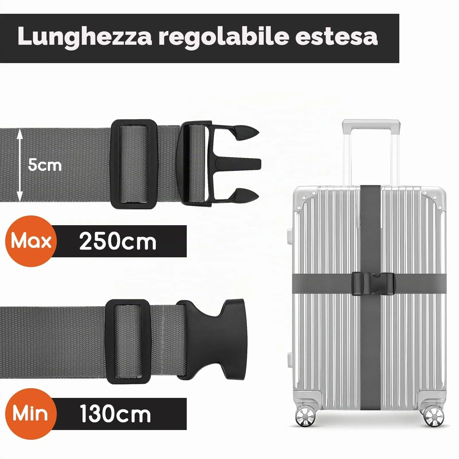 WISYOK Cinghia per Valigia, 2 Pezzi, 130-250 cm, Grigia - immagine 2