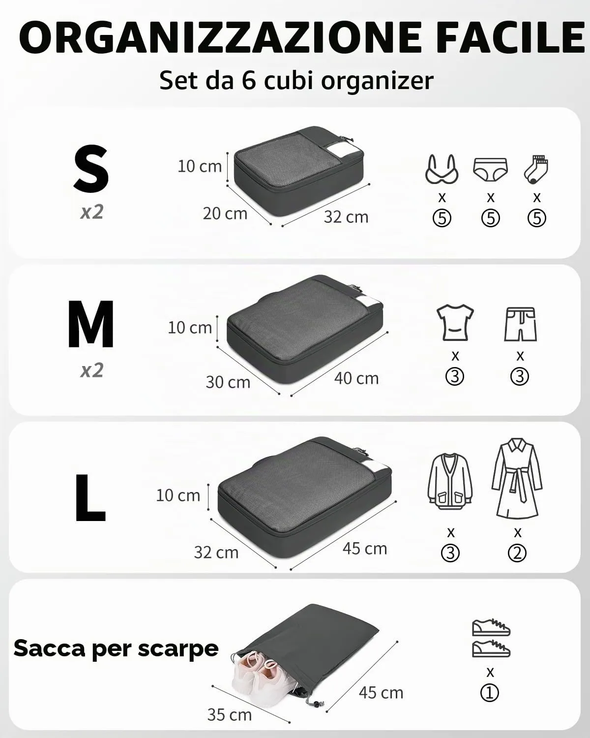 ECOHUB Organizer Valigie, Packing Cubes Salvaspazio con Etichette, Set da 6 Pezzi - immagine 2