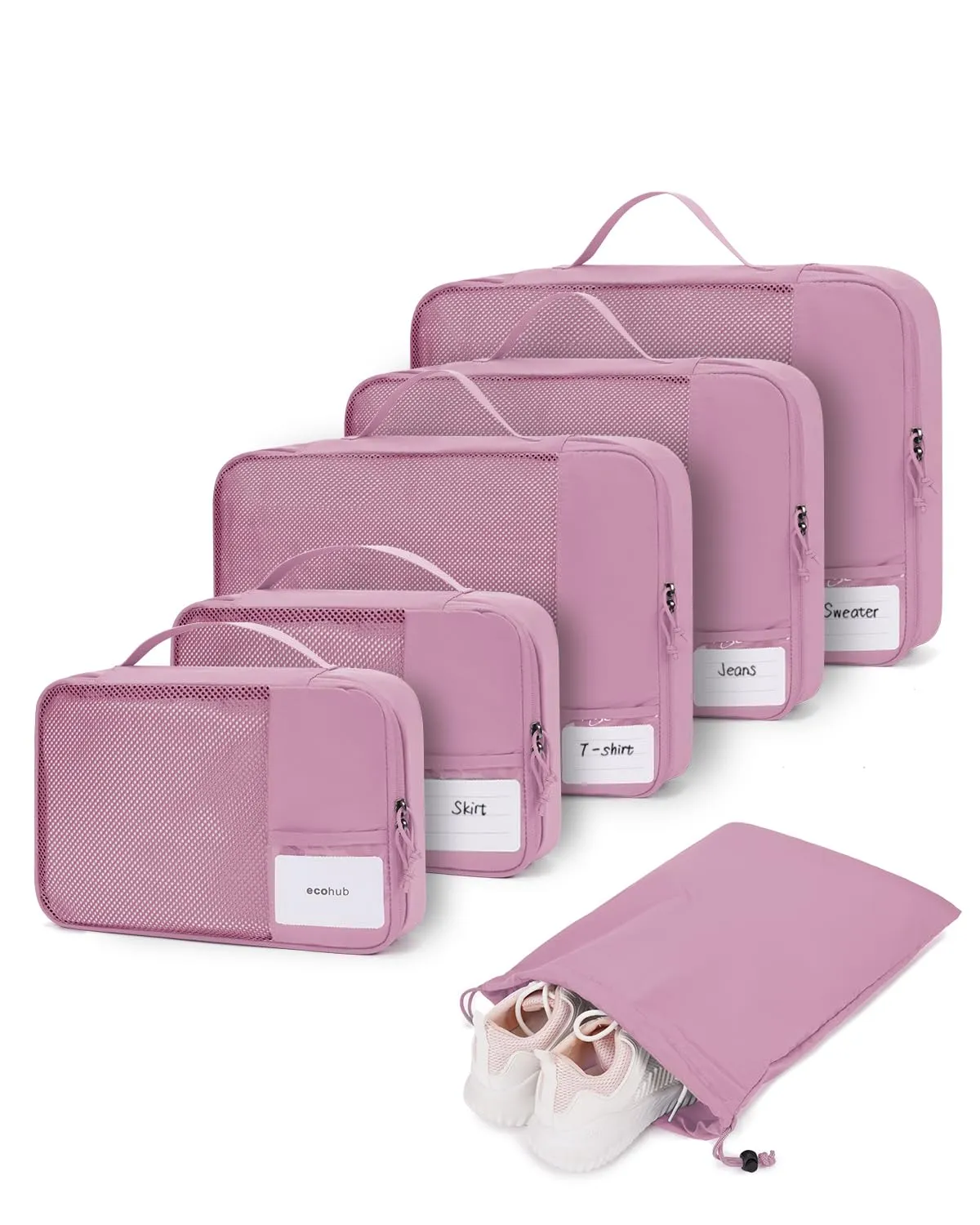 ECOHUB Organizer Valigie, 6 Pezzi Packing Cubes Salvaspazio con Etichette - immagine 1