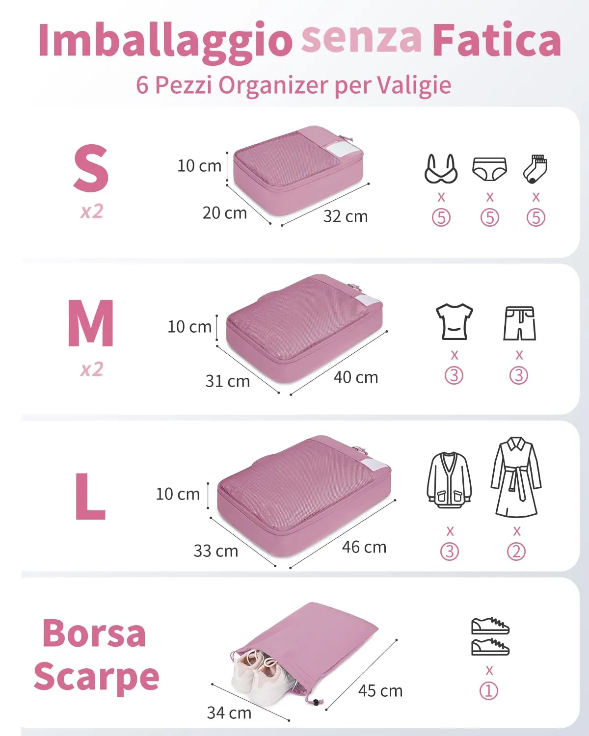 ECOHUB Organizer Valigie, 6 Pezzi Packing Cubes Salvaspazio con Etichette - immagine 2