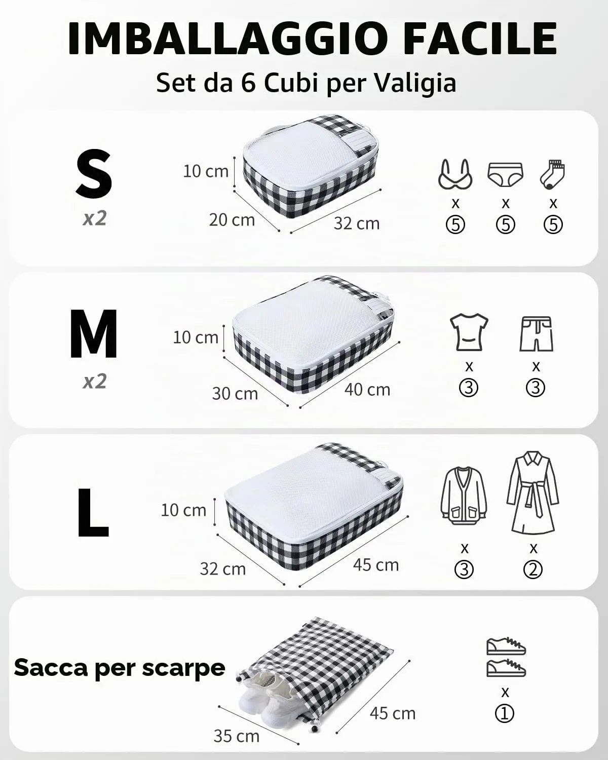 ECOHUB Organizer Valigie, 6 Pezzi Packing Cubes Salvaspazio con Etichette - immagine 2