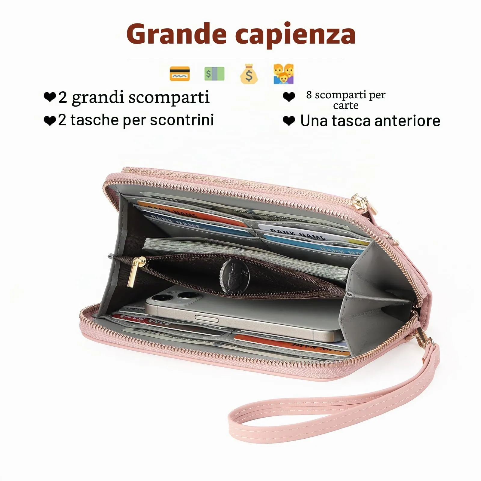 GOIACII Borsa a tracolla per telefono da donna, portafoglio da viaggio con touch screen, A02-rosa - immagine 4