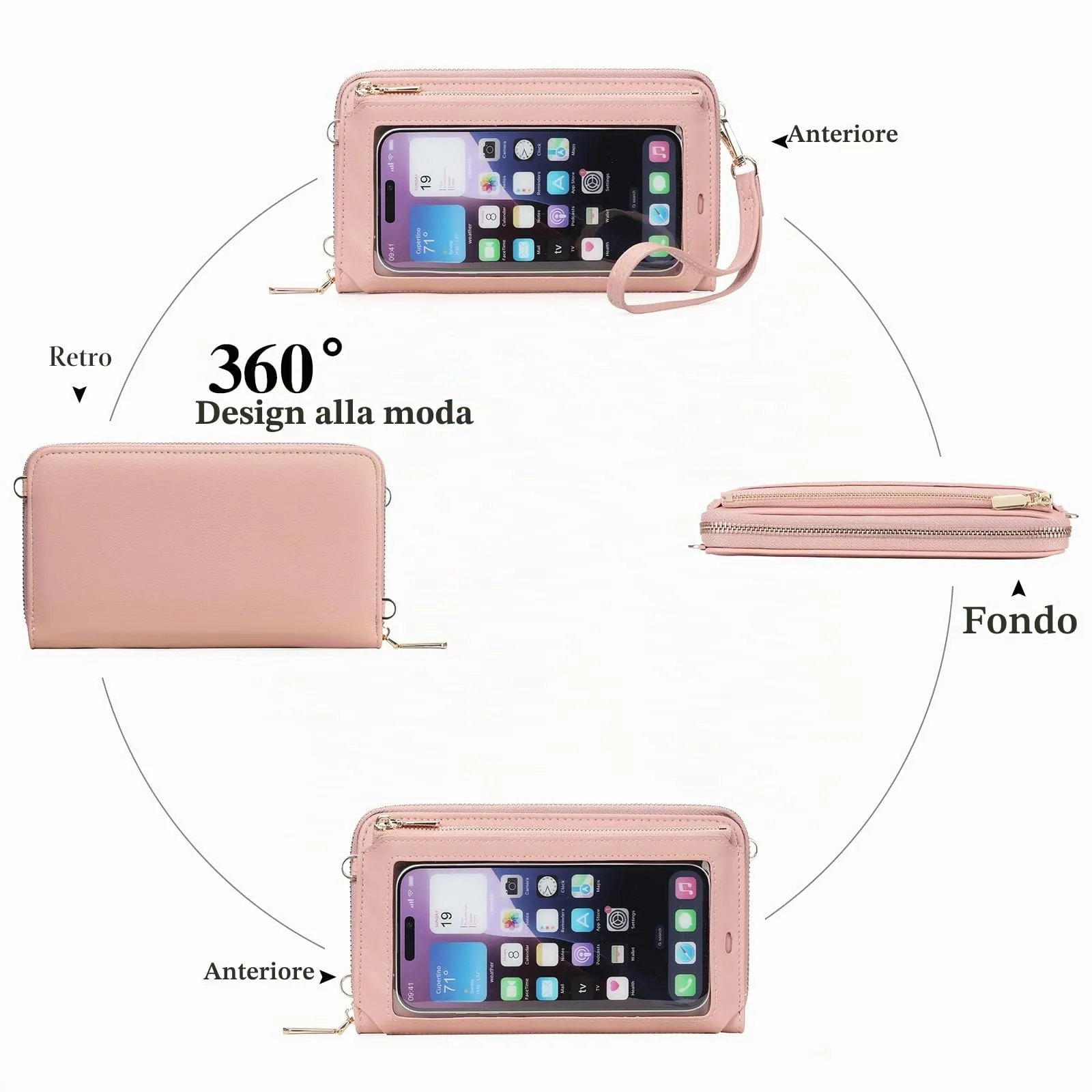GOIACII Borsa a tracolla per telefono da donna, portafoglio da viaggio con touch screen, A02-rosa - immagine 5