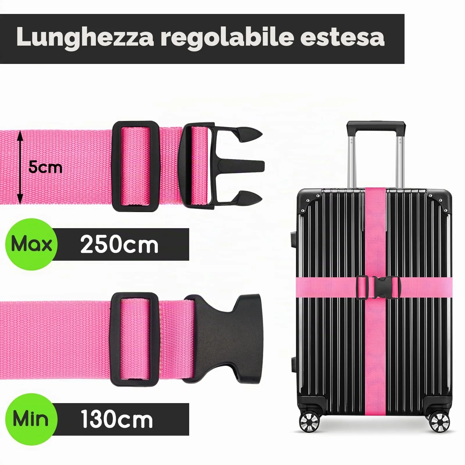 WISYOK Cinghia per Valigia, 2 Pezzi, 130-250 cm, Rosa - immagine 2