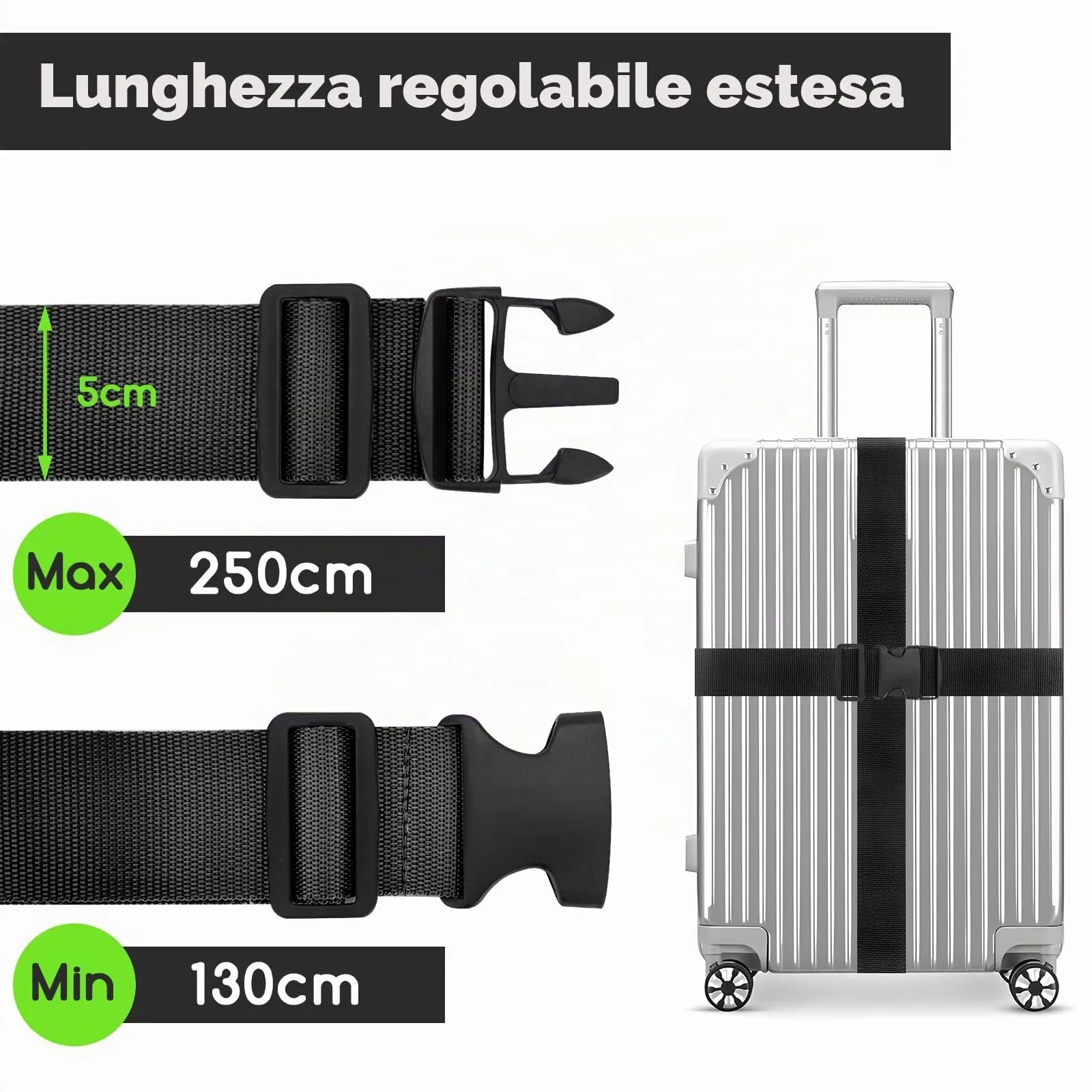 WISYOK Cinghie per Valigia, 4 Pezzi, 130-250 cm, Nero - immagine 2