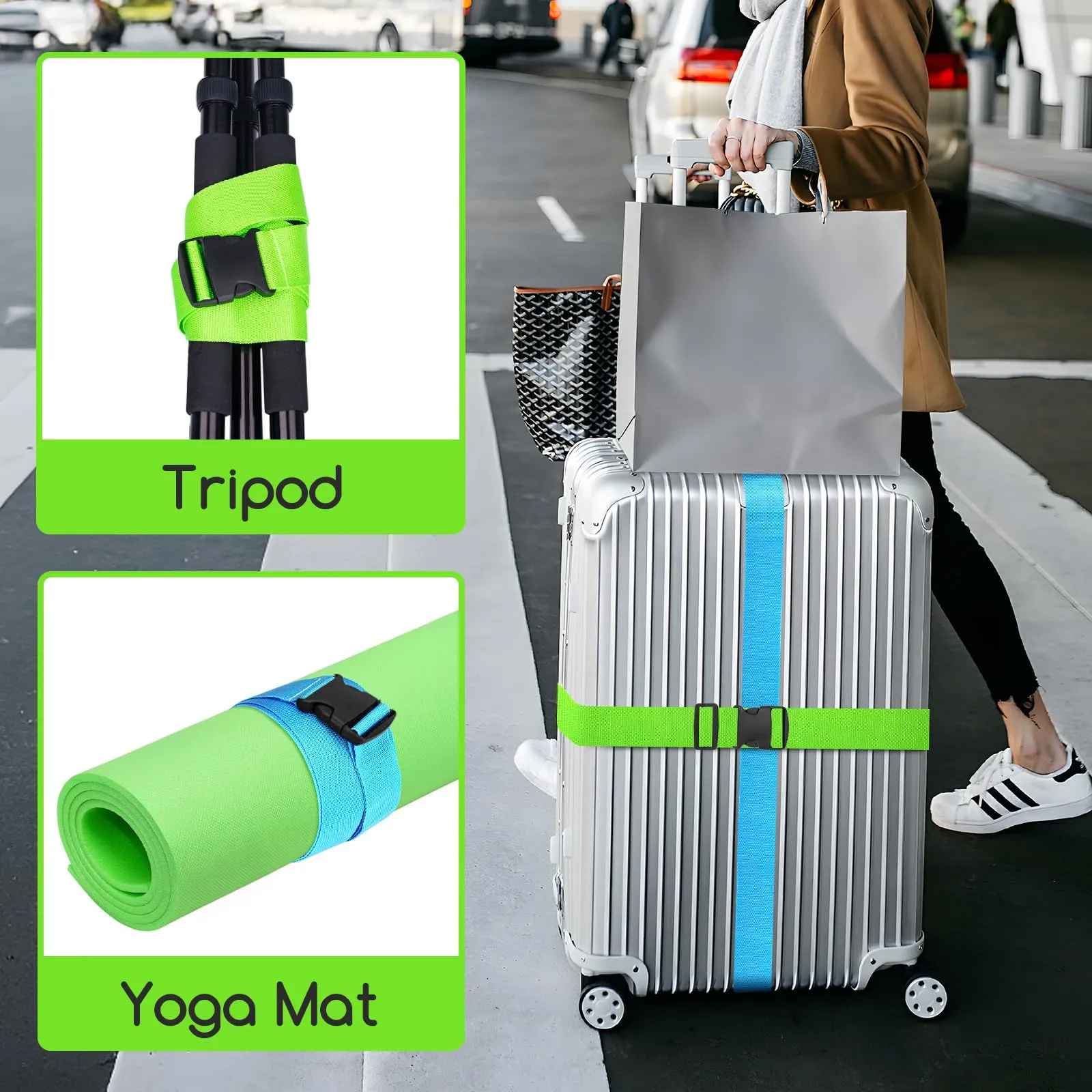 WISYOK Cinghie per Valigia, 4 Pezzi, 130-250 cm, Blu Cielo e Verde - immagine 7