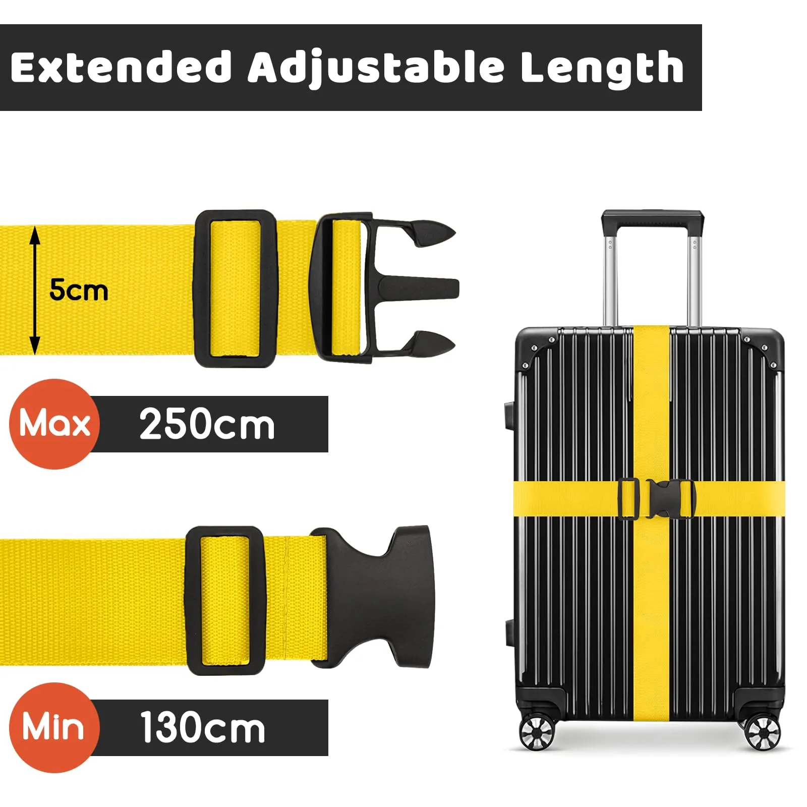 WISYOK Cinghie per bagagli estese, Nylon, 250 cm, Giallo, Confezione da 2 pezzi - immagine 2