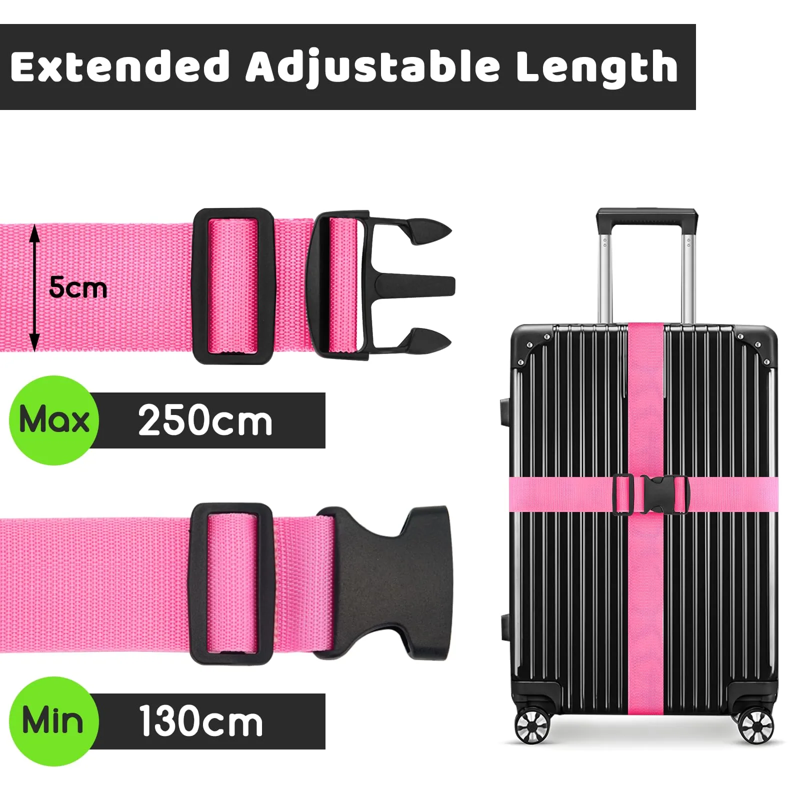 WISYOK Cinghie per bagagli estese, 2 pezzi, regolabili fino a 250 cm, nylon rosa - immagine 2