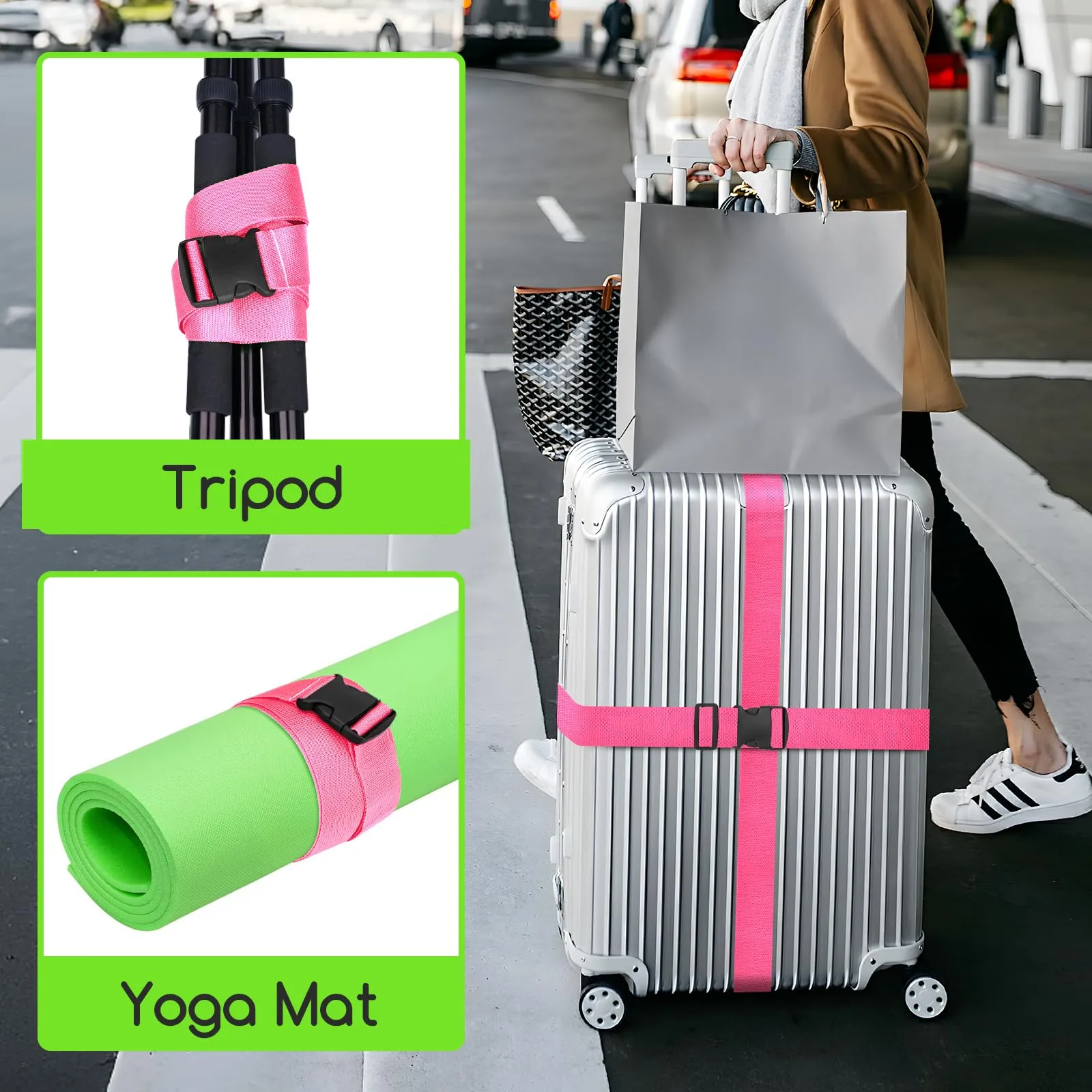 WISYOK Cinghie per bagagli estese, 2 pezzi, regolabili fino a 250 cm, nylon rosa - immagine 7