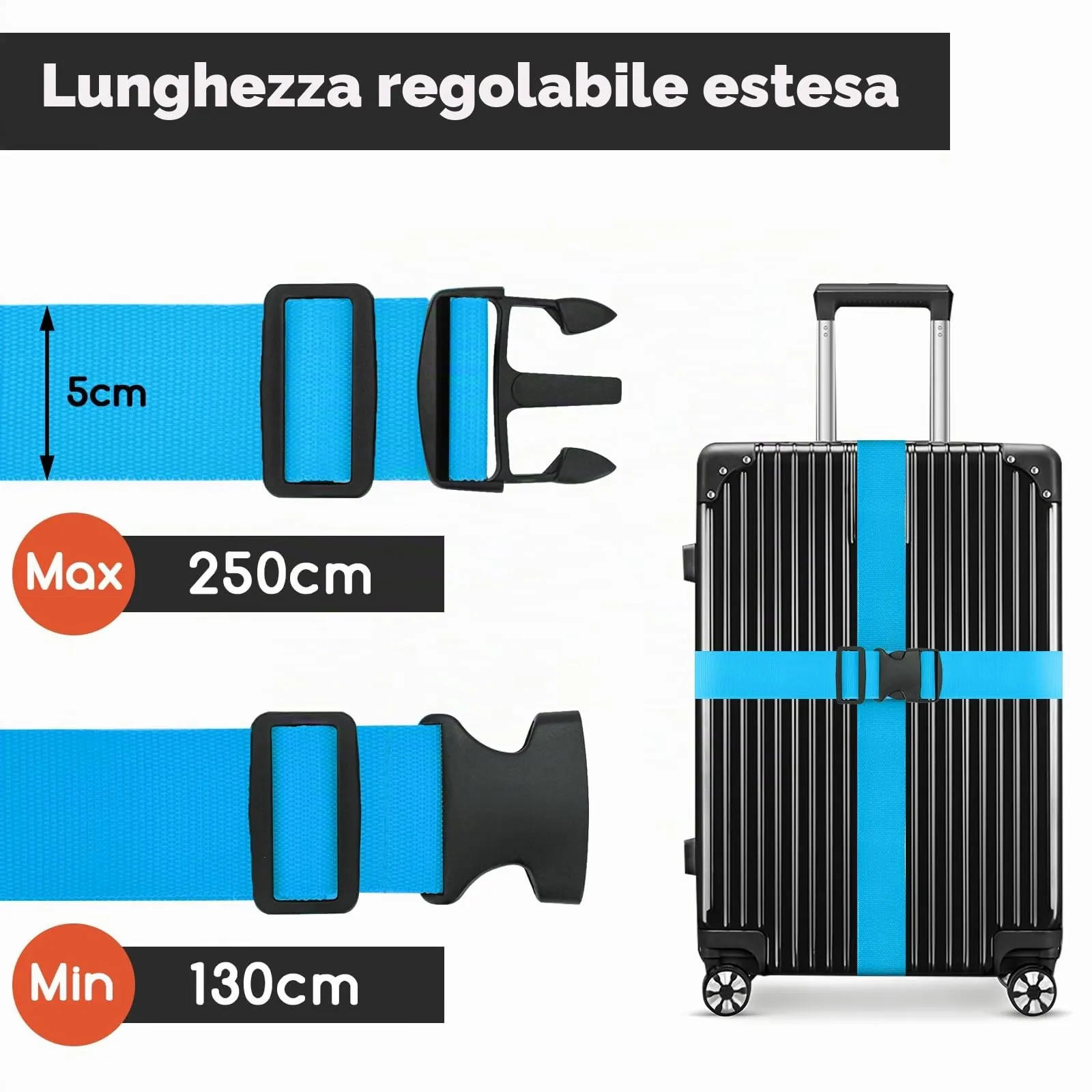 WISYOK Cinghia per Valigia, 2 Pezzi, 130-250 cm, Blu Cielo - immagine 2