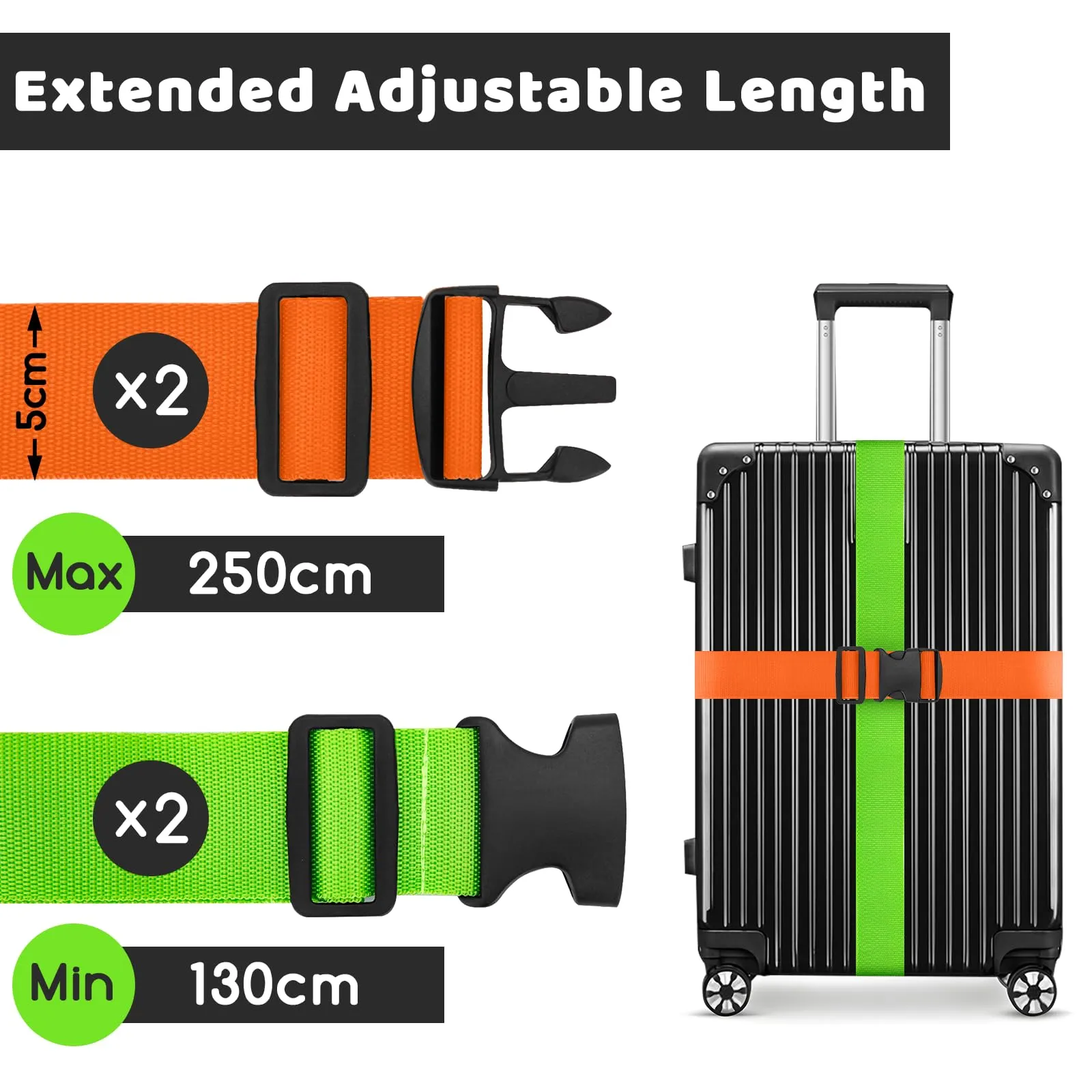 WISYOK Cinghie per bagagli regolabili, 130-250 cm, confezione da 4 - immagine 2