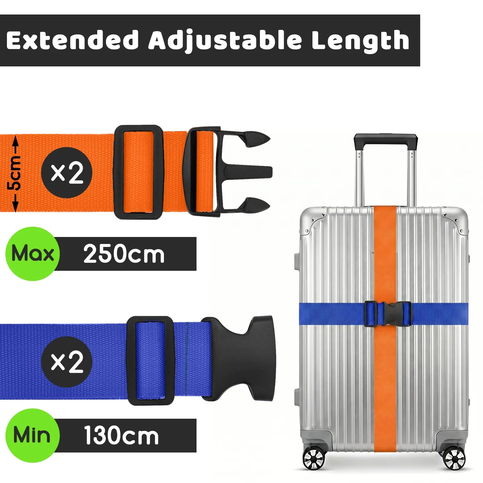 WISYOK Cinghie per bagagli, confezione da 4, 130-250 cm, regolabili - immagine 2